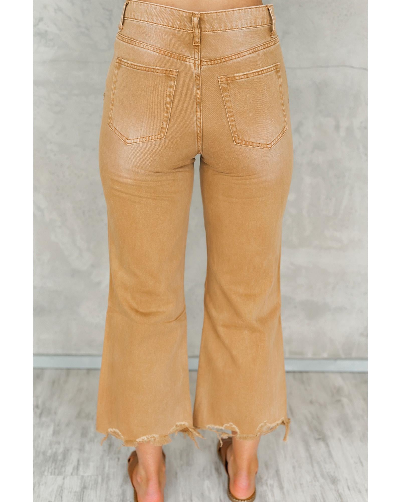 Brown Distressed Hollow-out High Waist Cropped Flare Jeans - 12 US 3