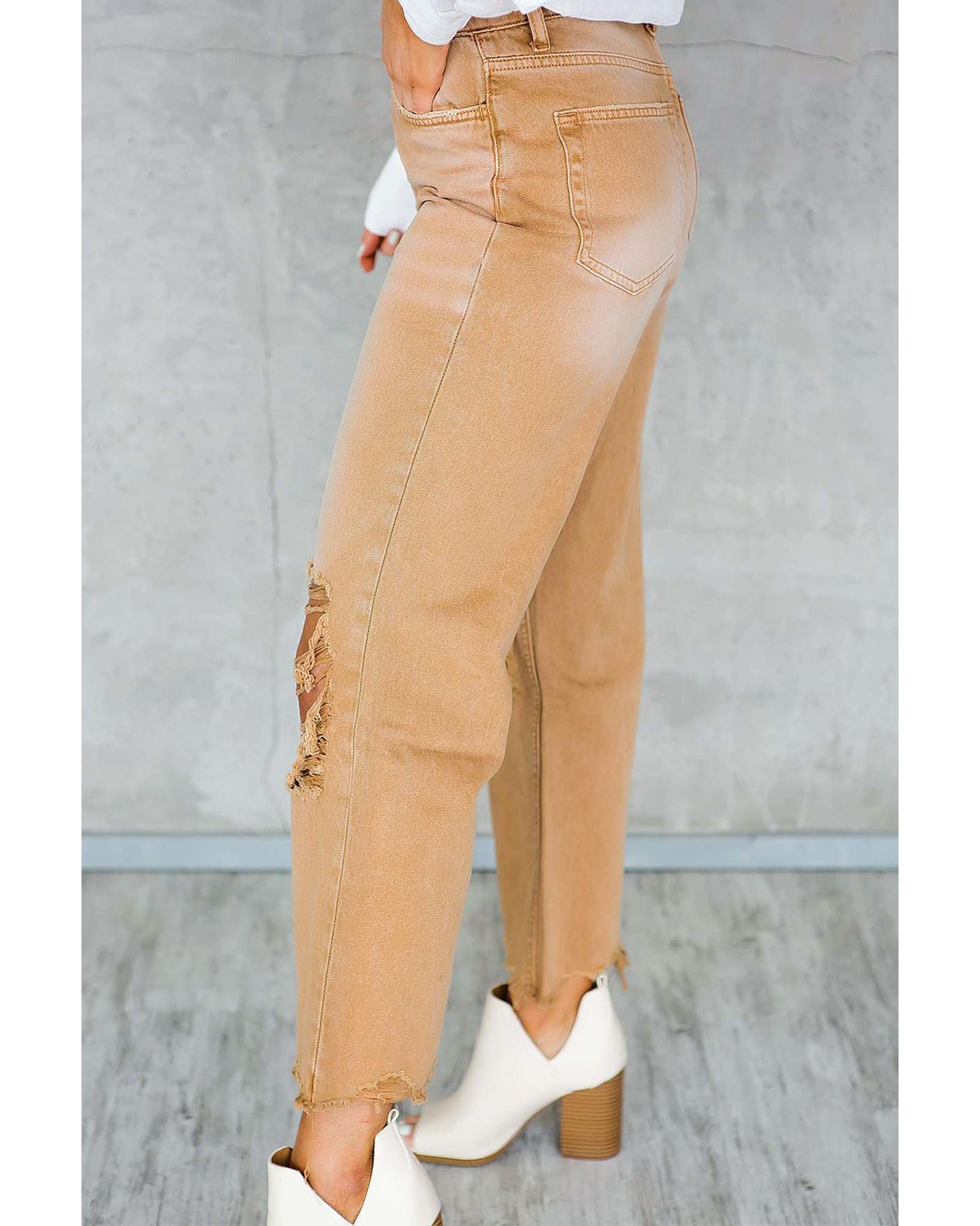 Brown Distressed Hollow-out High Waist Cropped Flare Jeans - 12 US 4