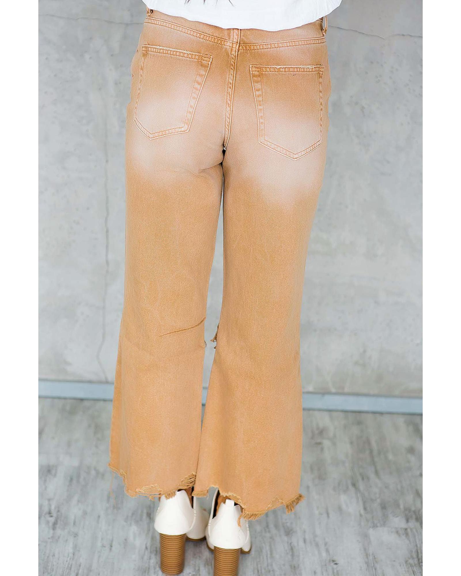 Brown Distressed Hollow-out High Waist Cropped Flare Jeans - 12 US 5