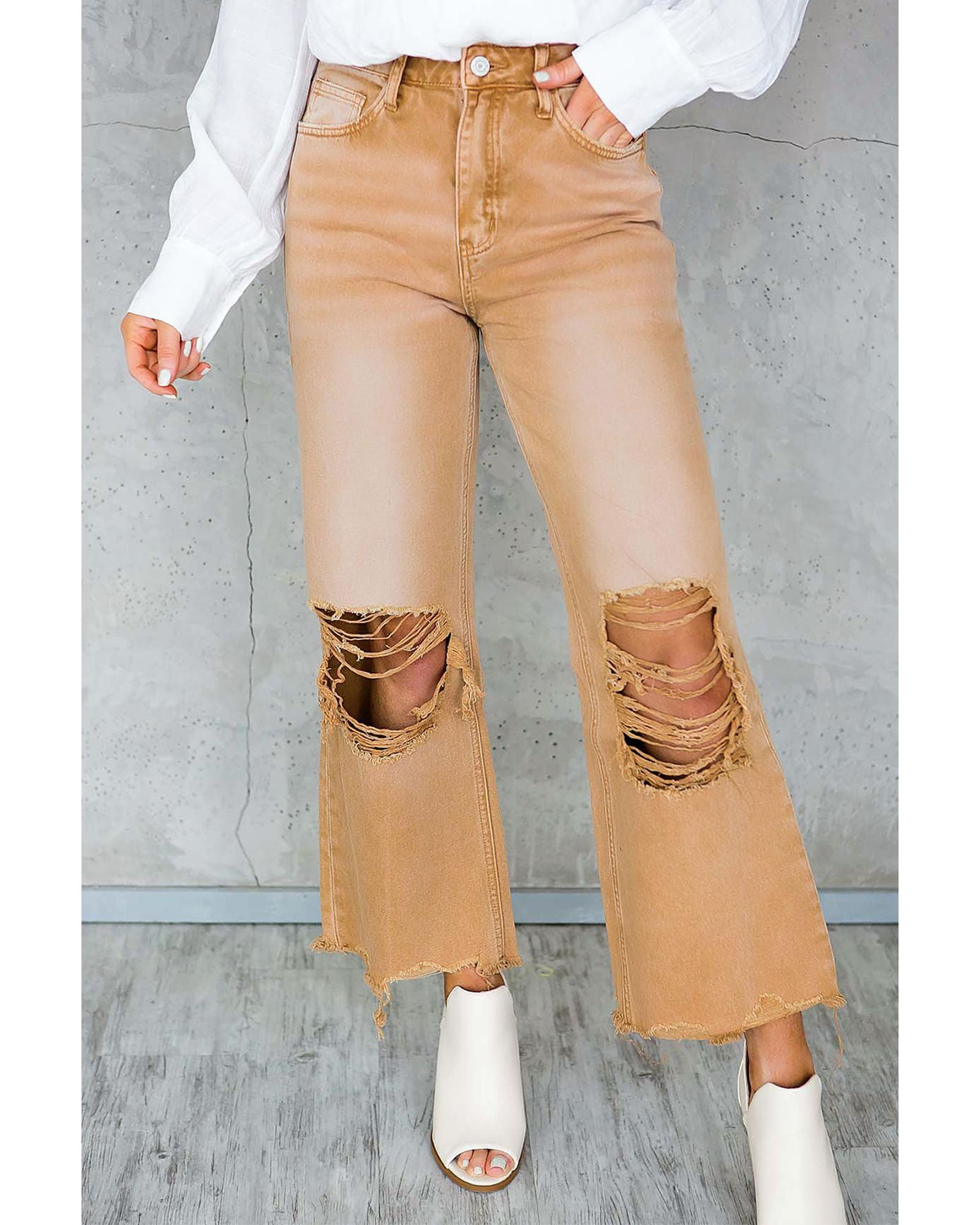 Brown Distressed Hollow-out High Waist Cropped Flare Jeans - 12 US 6