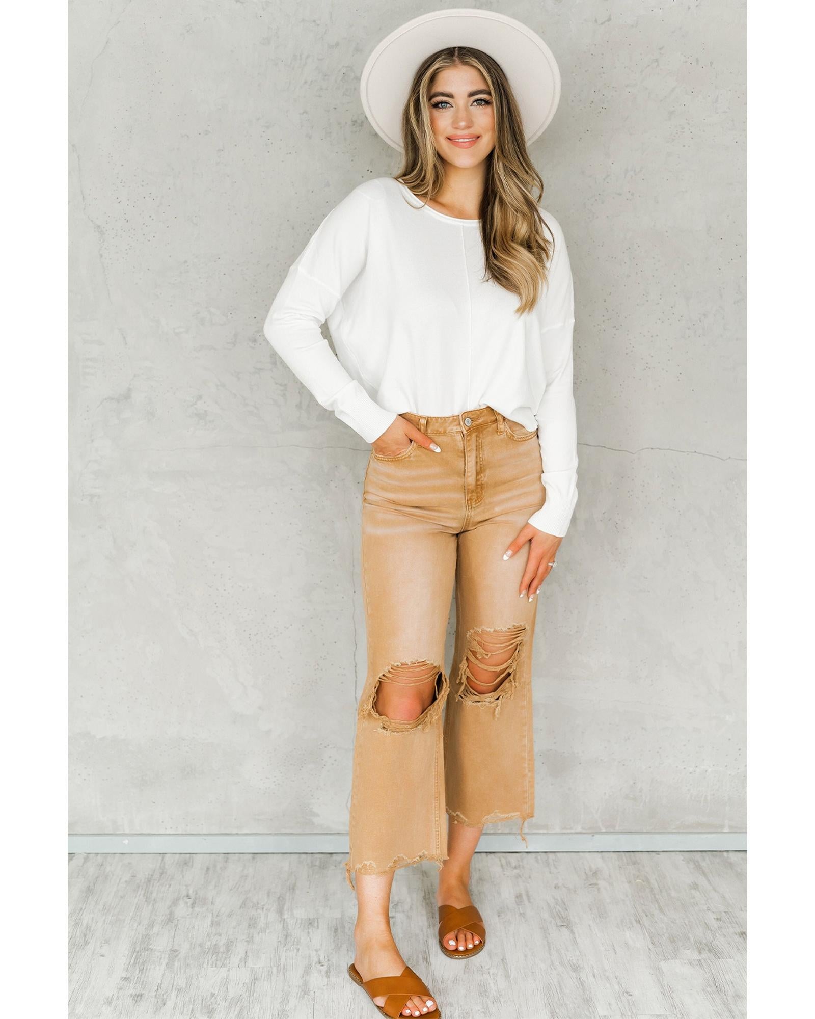 Brown Distressed Hollow-out High Waist Cropped Flare Jeans - 12 US 7