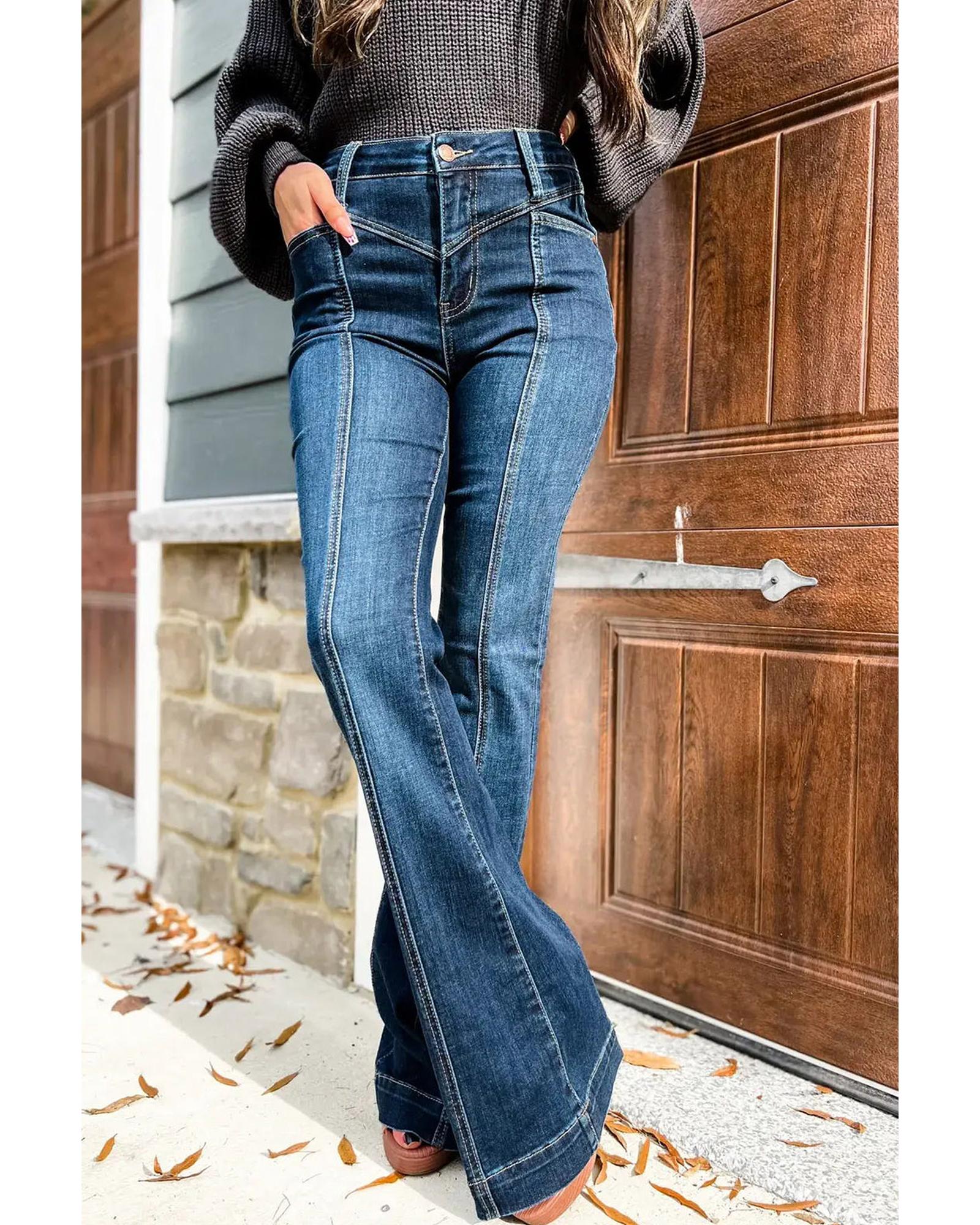 Azura Exchange High Waist Flare Jeans with Seam Stitching and Pockets - 12 US 4