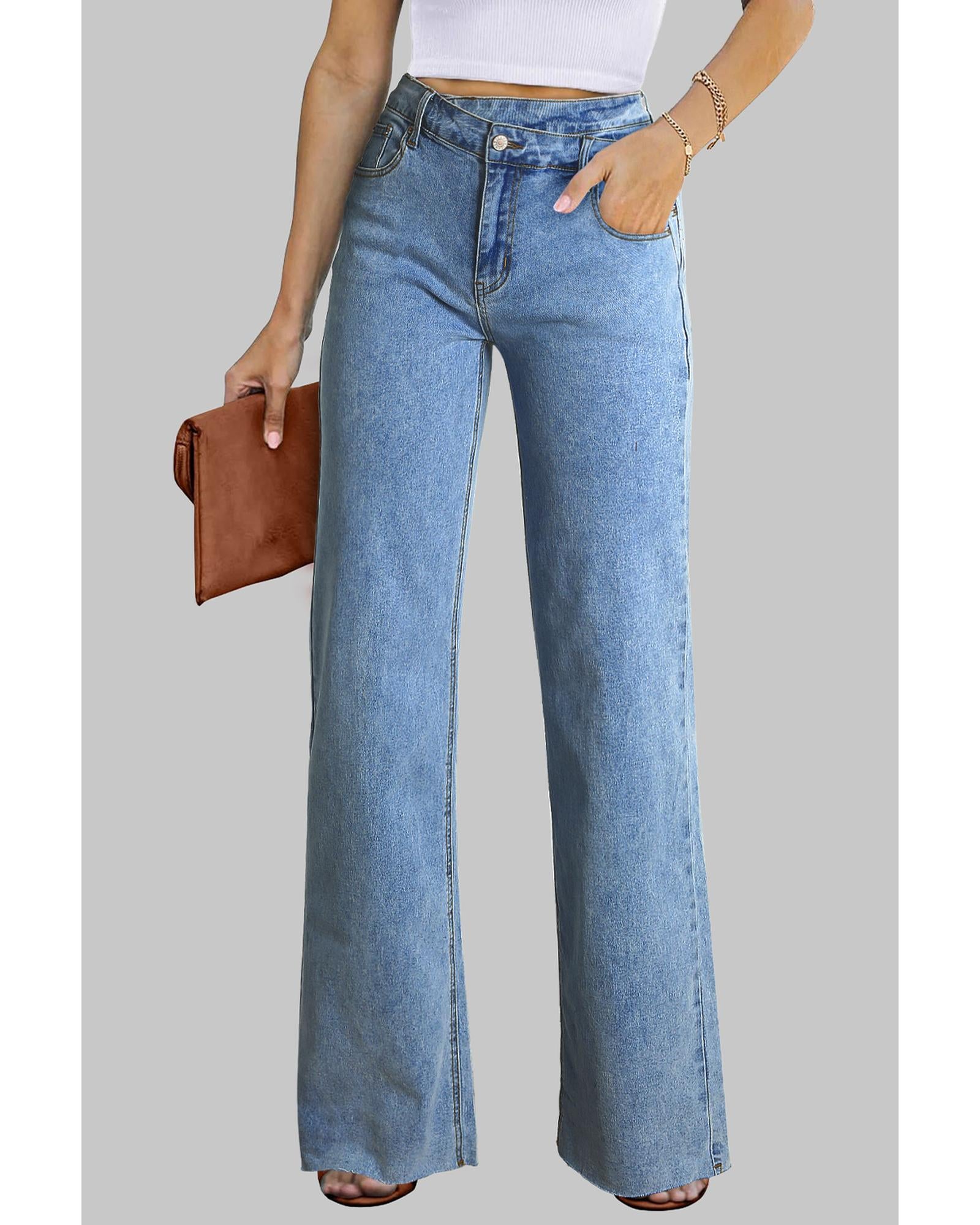 Blue Mid Rise Asymmetrical Waist Wide Leg Jeans - 10 US