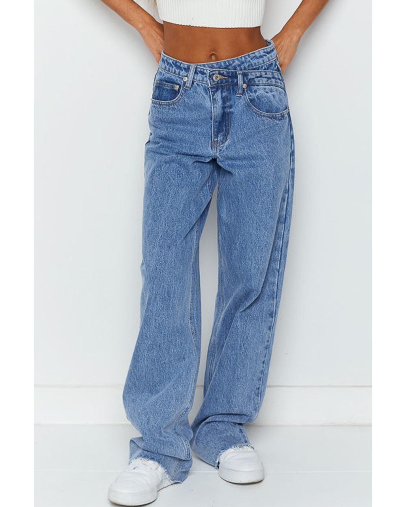 Blue Mid Rise Asymmetrical Waist Wide Leg Jeans - 10 US 5