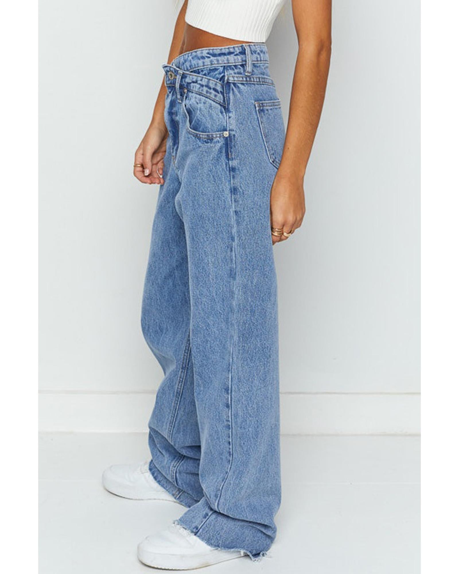 Blue Mid Rise Asymmetrical Waist Wide Leg Jeans - 14 US 3