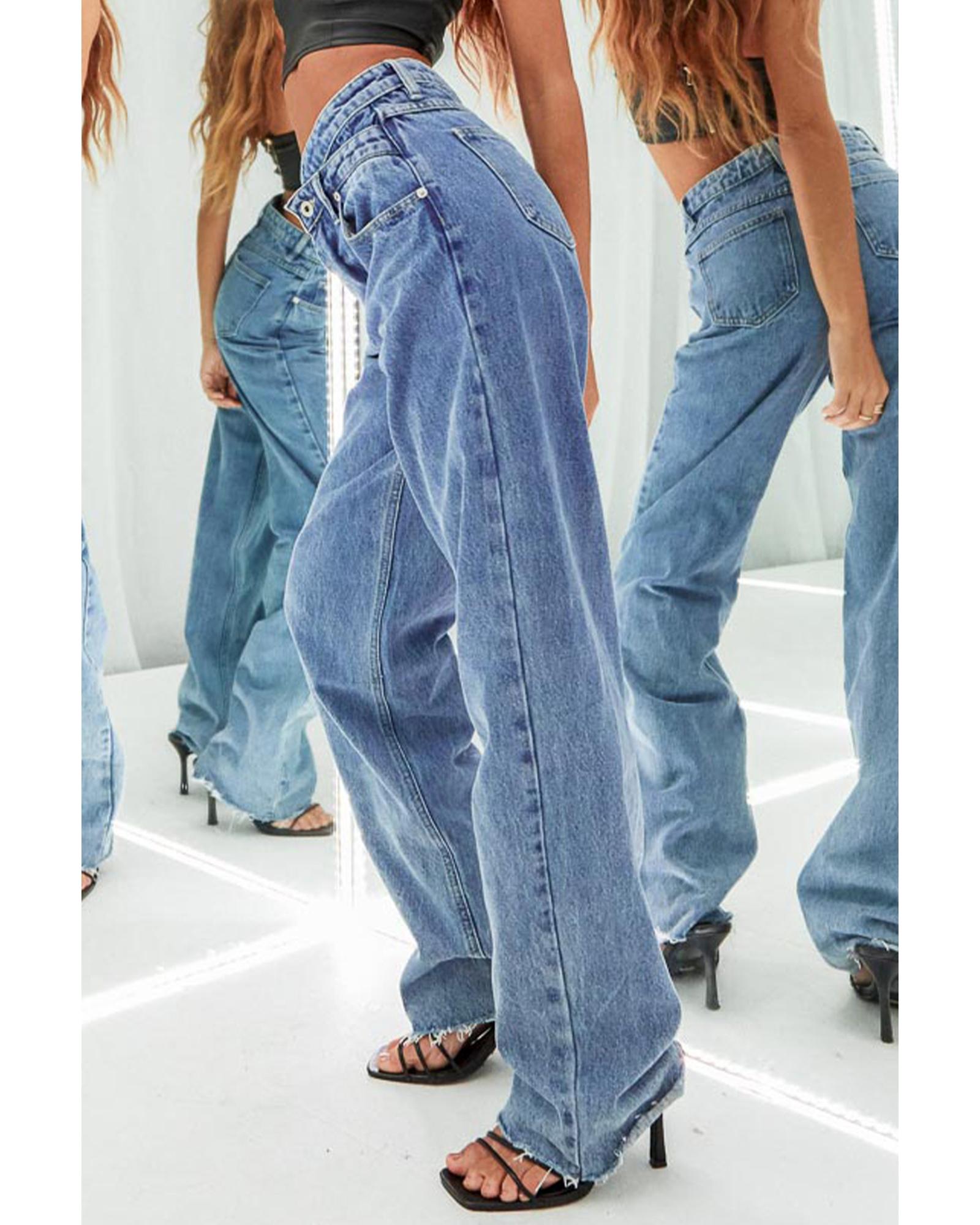 Blue Mid Rise Asymmetrical Waist Wide Leg Jeans - 18 US 6