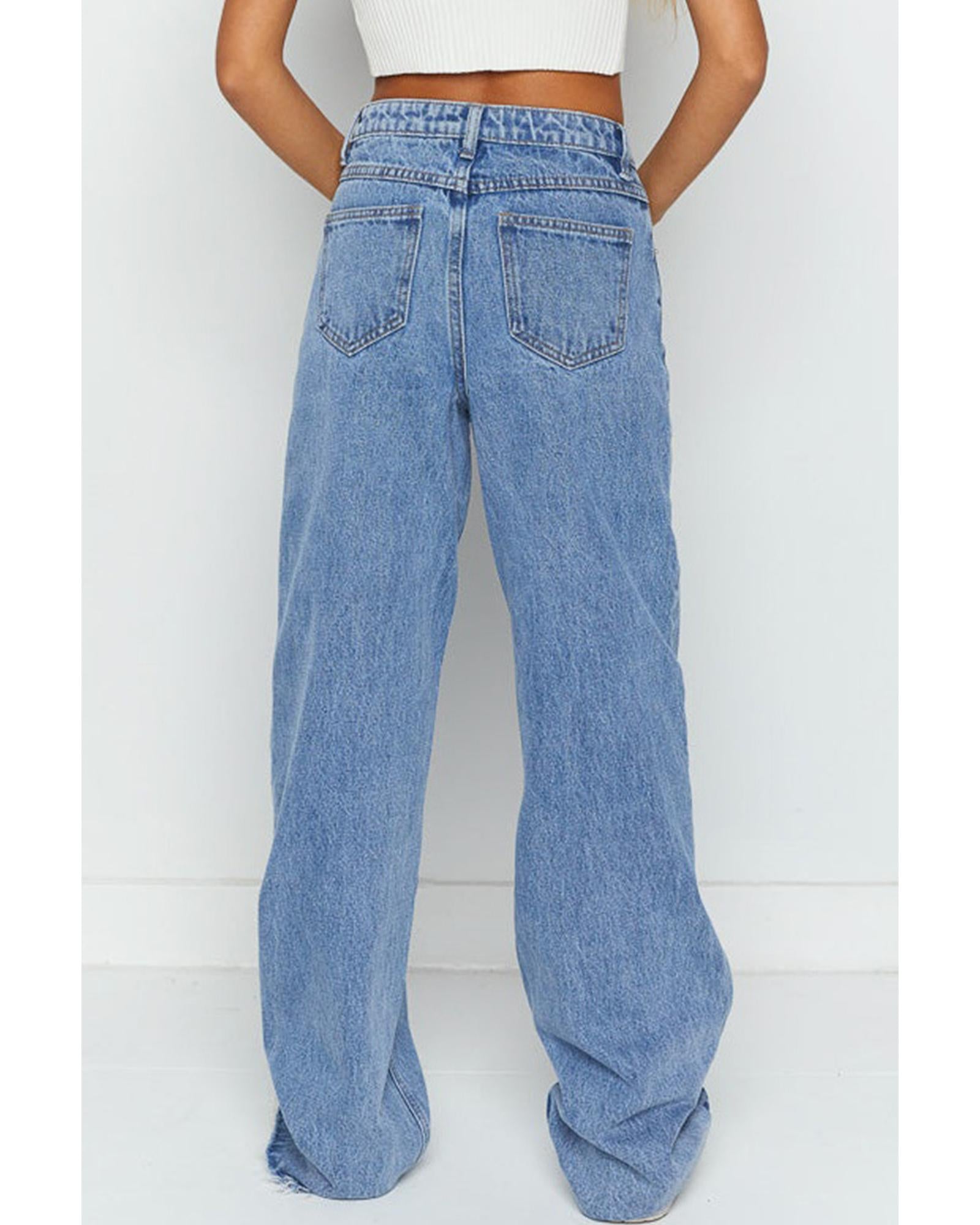 Blue Mid Rise Asymmetrical Waist Wide Leg Jeans - 6 US