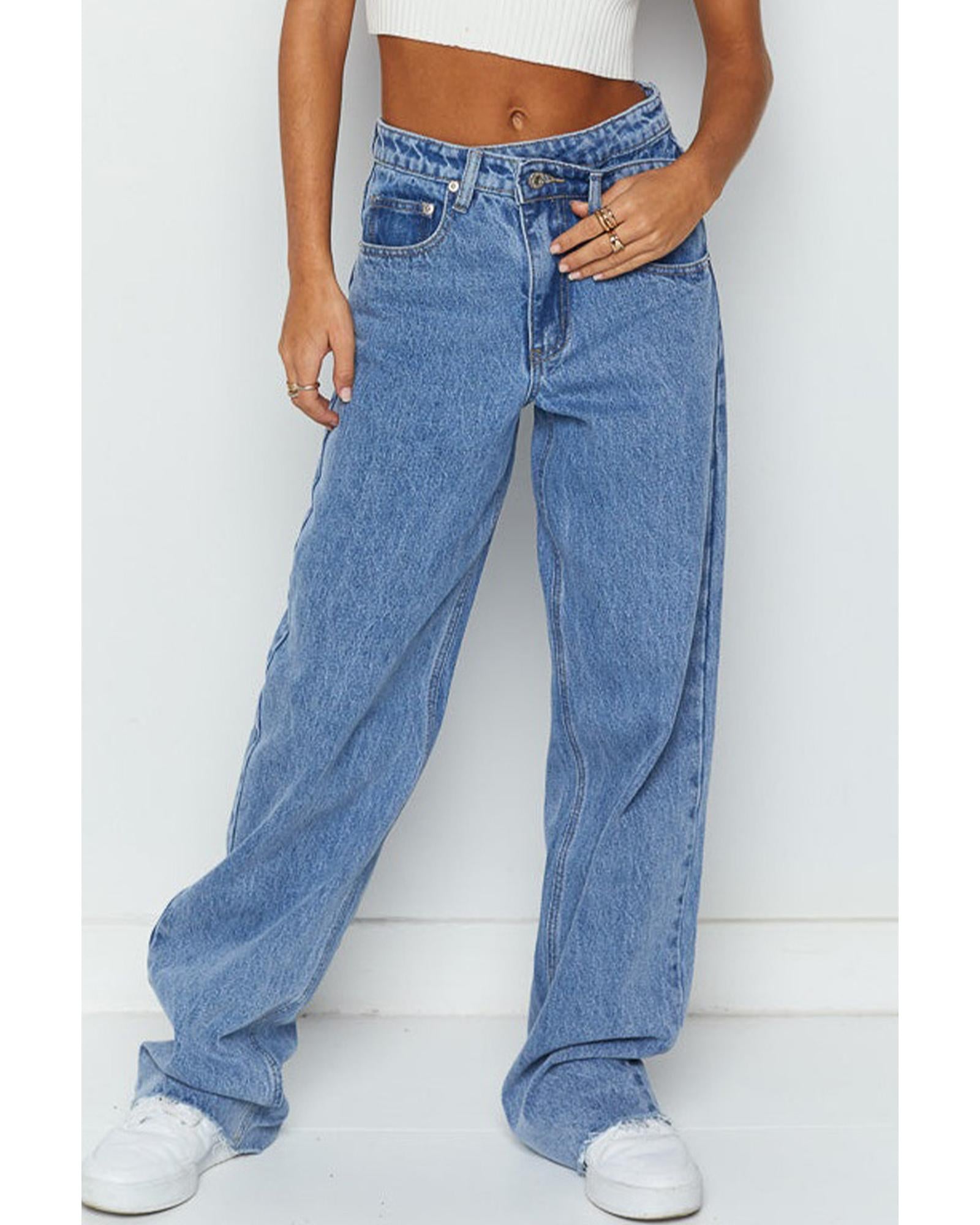 Blue Mid Rise Asymmetrical Waist Wide Leg Jeans - 6 US 5