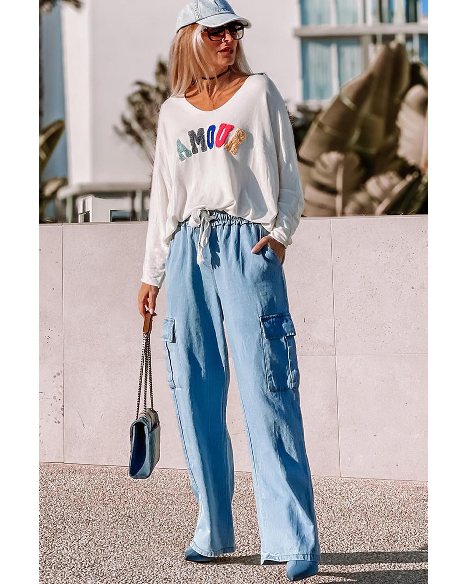 Sky Blue Drawstring High Waist Cargo Pocket Wide Leg Jeans - L