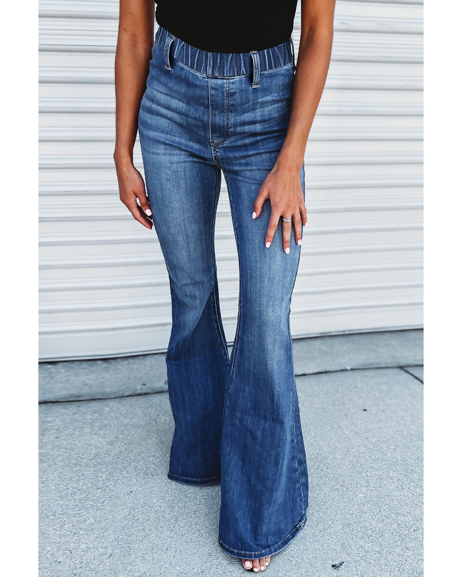 Blue Elastic High Waist Flare Jeans - 14 US