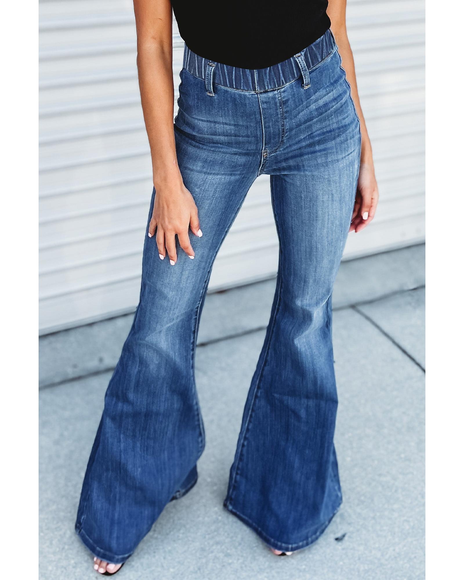 Blue Elastic High Waist Flare Jeans - 14 US