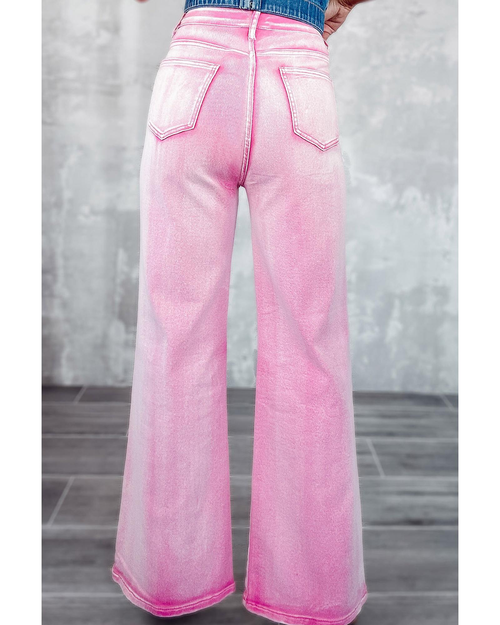 Pink High Waist Rhinestone Cutout Wide Leg Jeans - 12 US