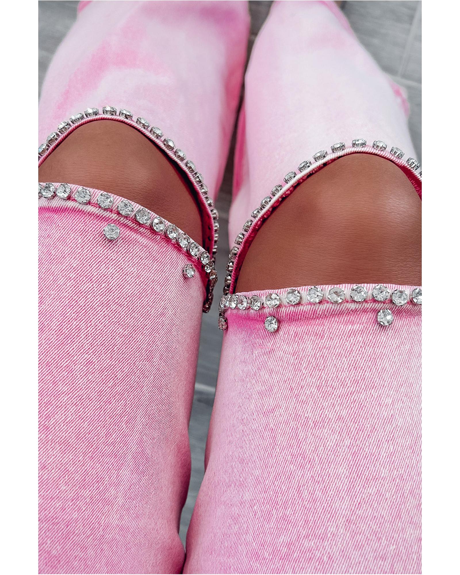 Pink High Waist Rhinestone Cutout Wide Leg Jeans - 14 US