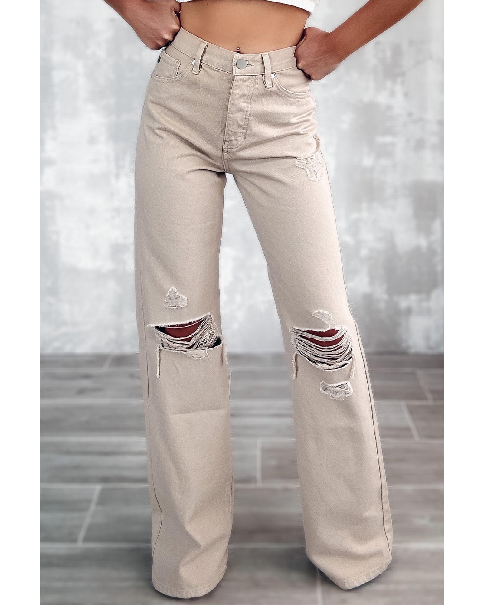 Khaki High Waist Ripped Wide-Leg Jeans - 12 US