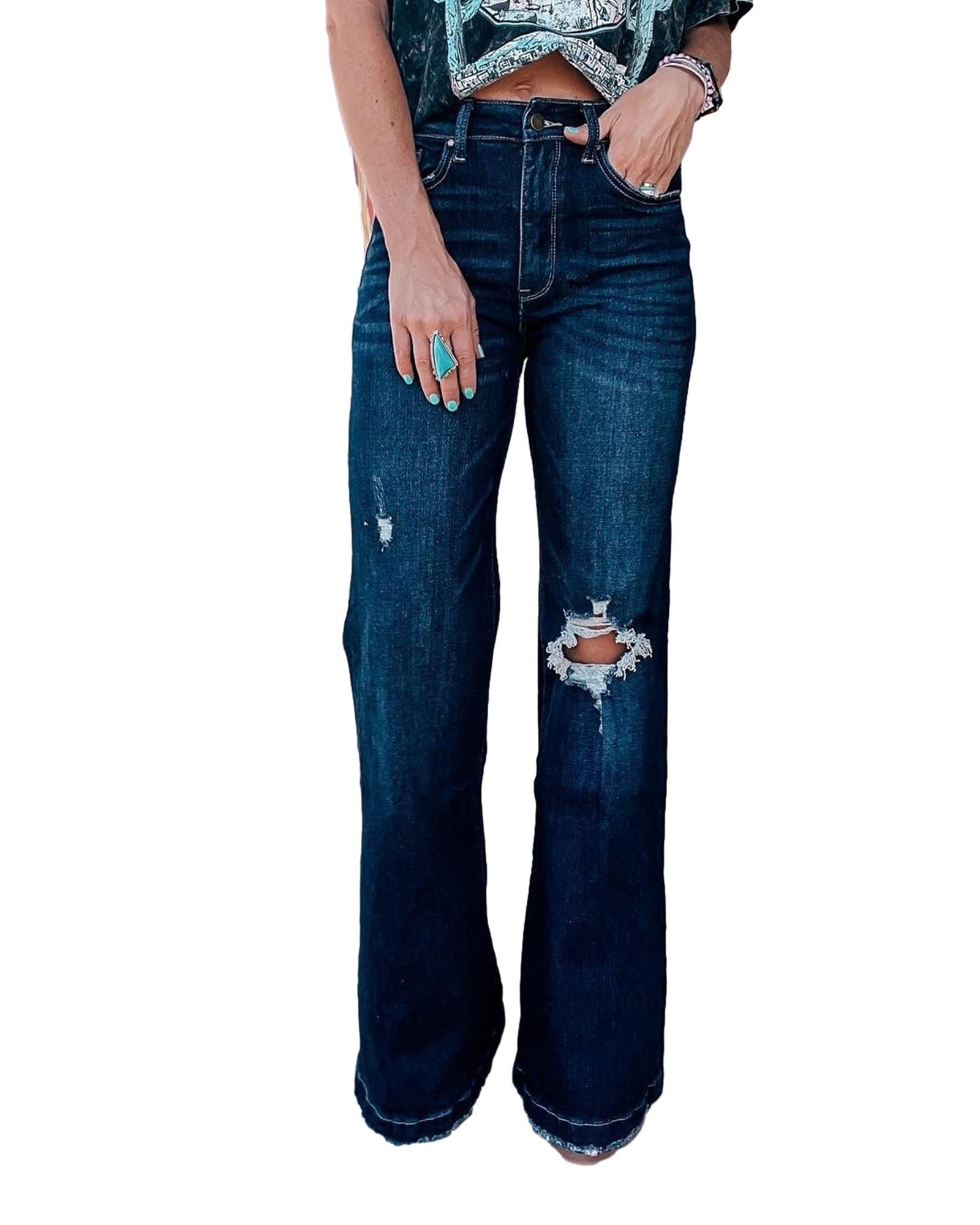Real Teal High Rise Ripped Bell Bottom Jeans - 16 US