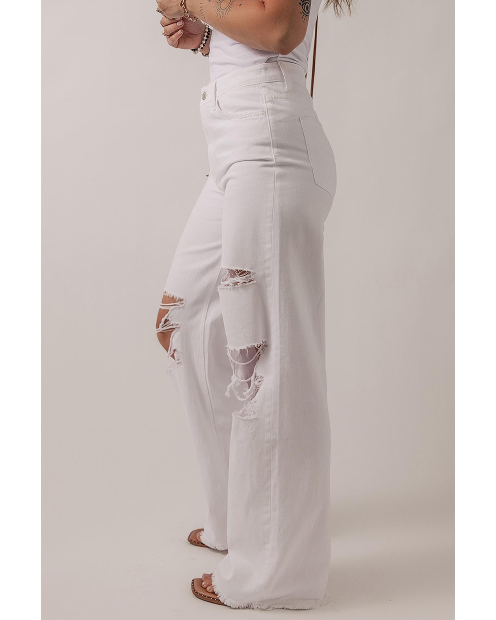 Bright White Heavy Distressed Straight Leg Jeans - 14 US