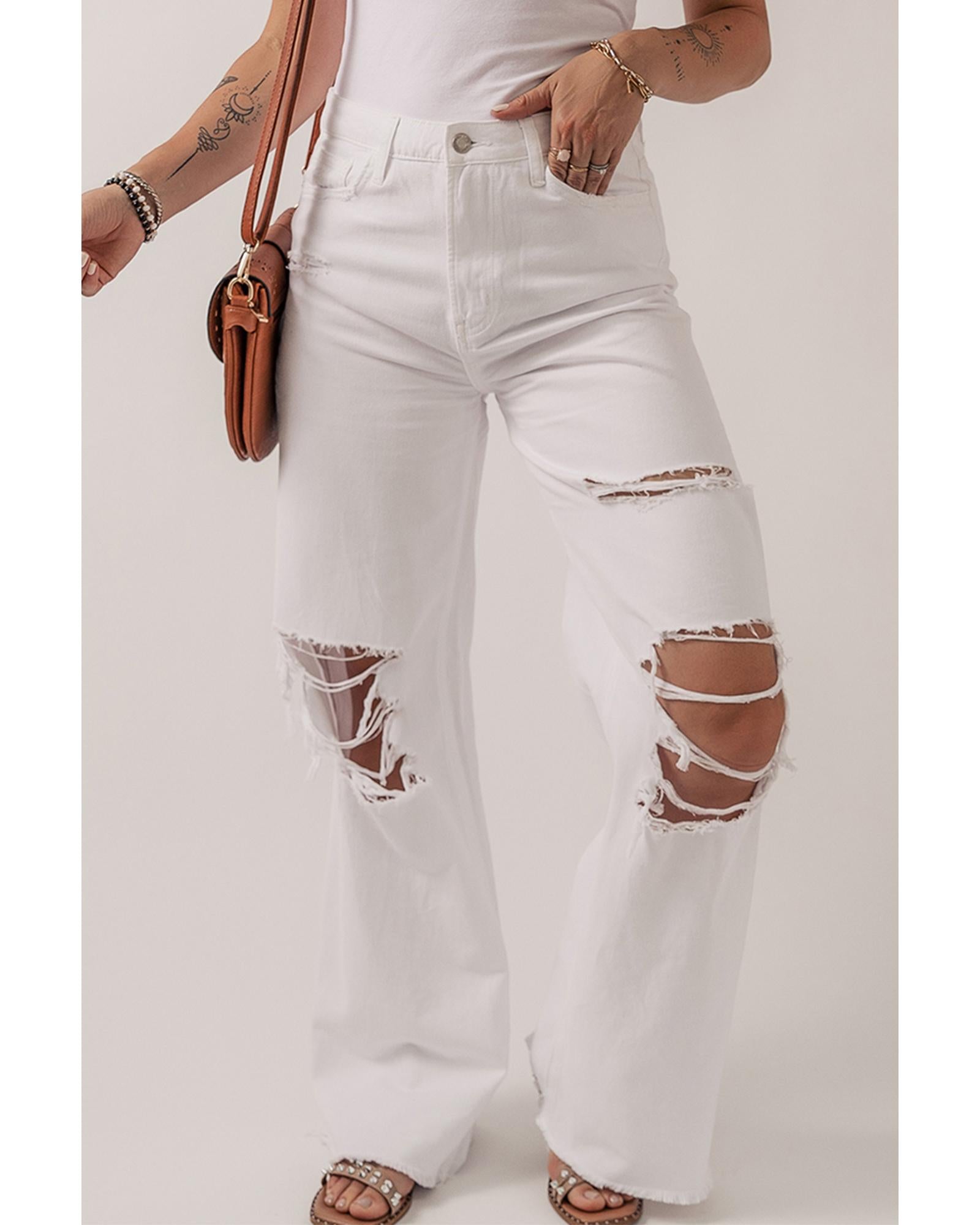Bright White Heavy Distressed Straight Leg Jeans - 14 US 3