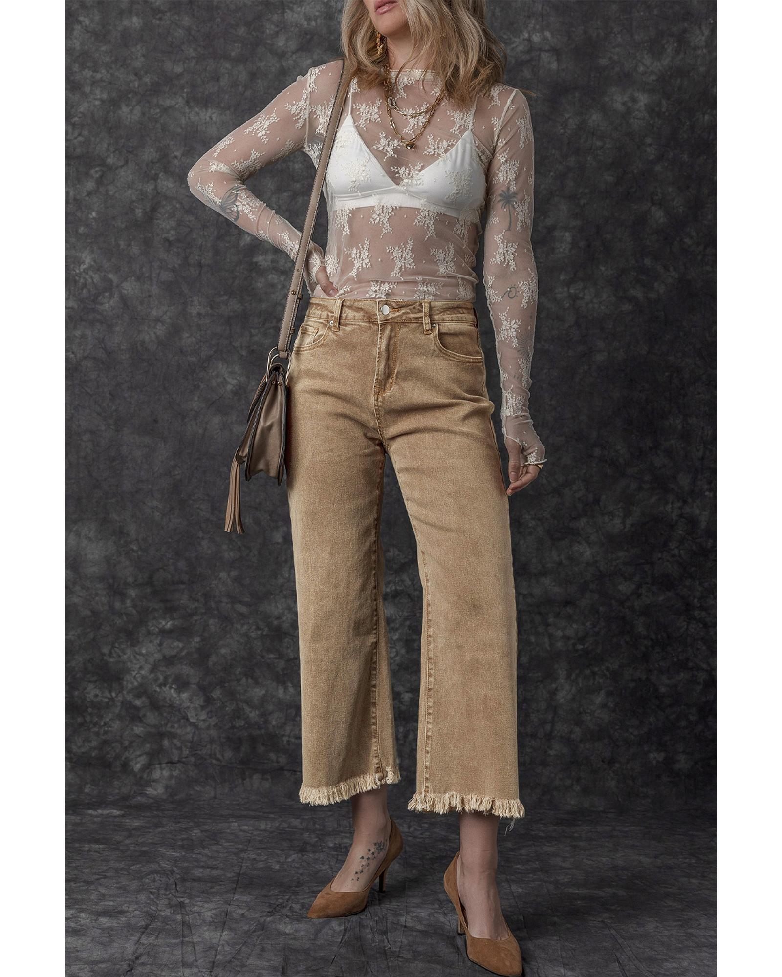 Light French Beige Acid Washed High Rise Cropped Wide Leg Jeans - 14 US 7