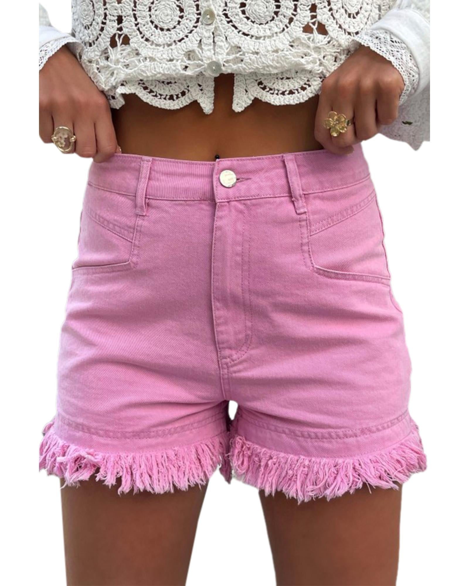 Pink Frayed Edge Mid Rise Denim Shorts - 10 US
