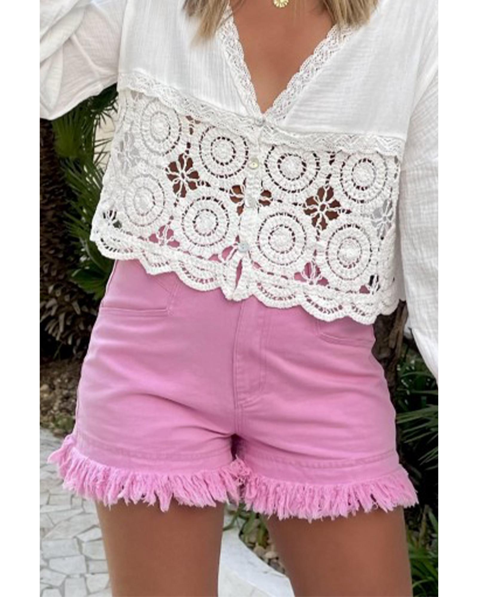 Pink Frayed Edge Mid Rise Denim Shorts - 10 US
