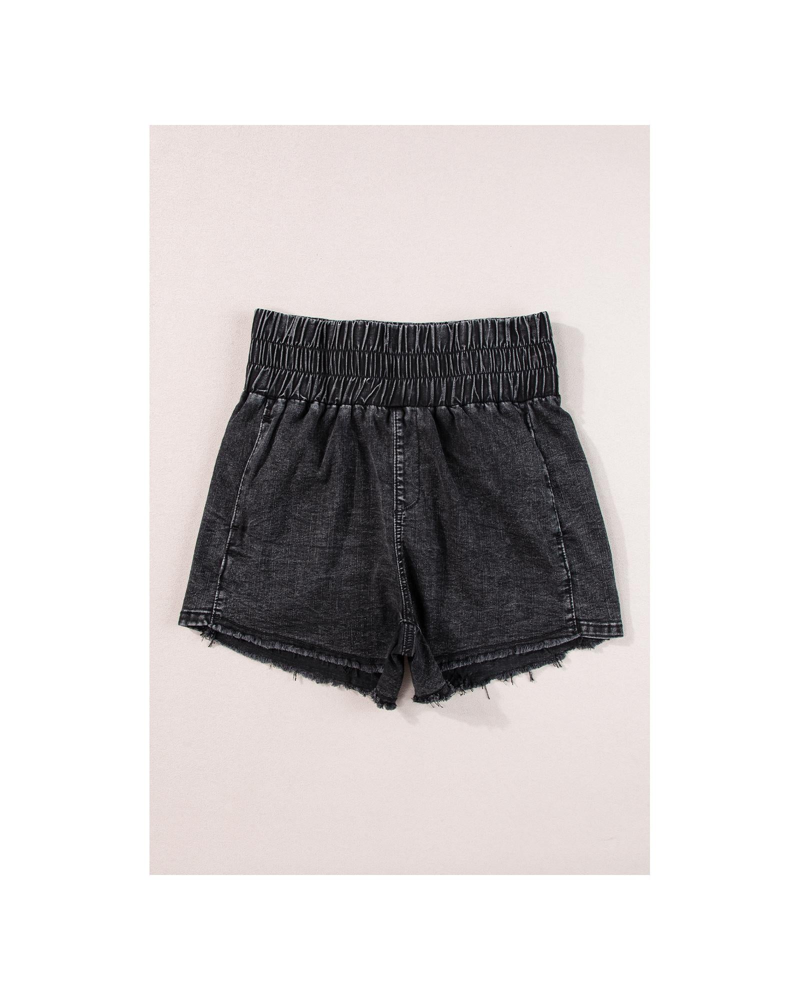 Black Smocked High Waist Mineral Washed Jean Shorts - 10 US 8