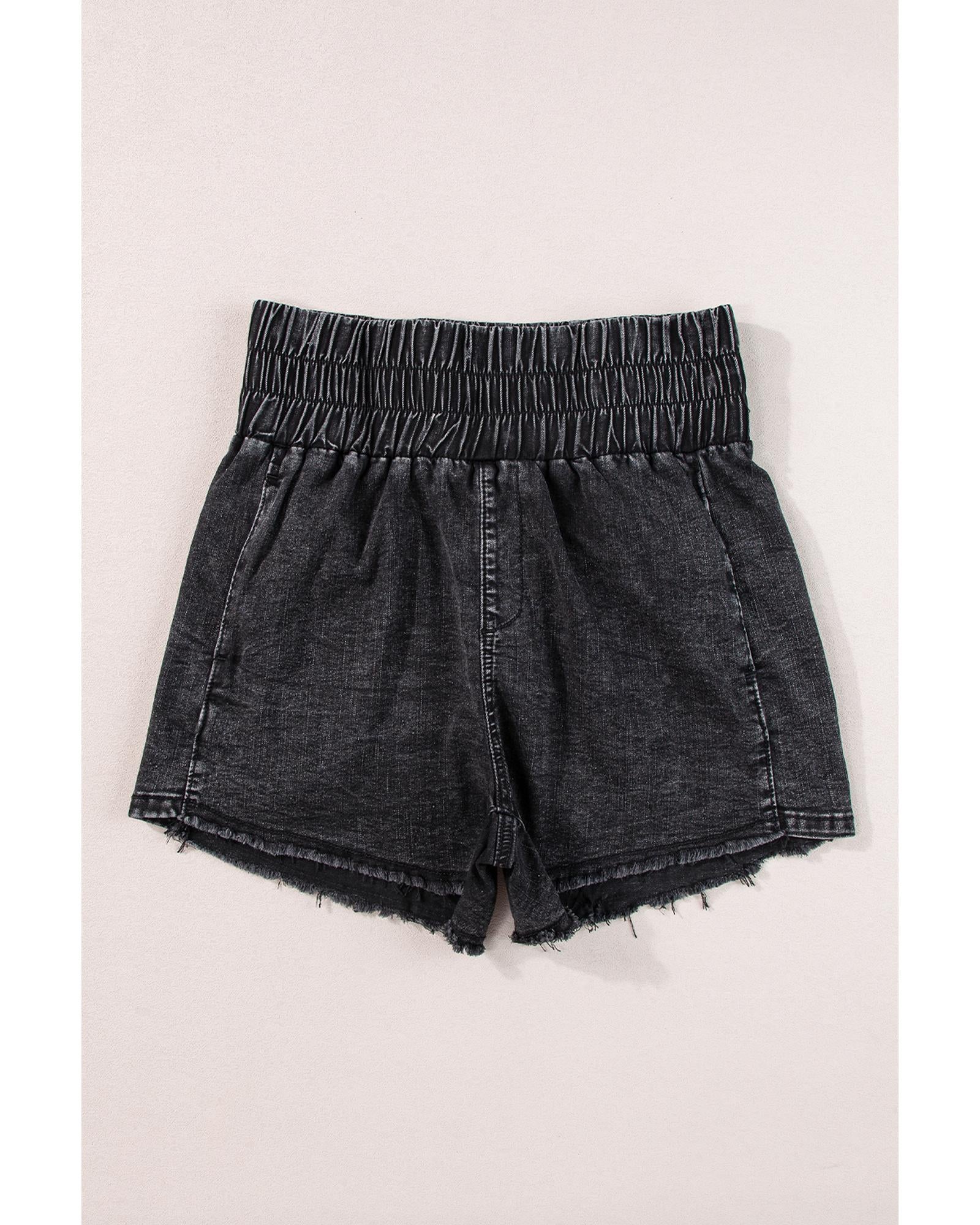 Black Smocked High Waist Mineral Washed Jean Shorts - 12 US 8
