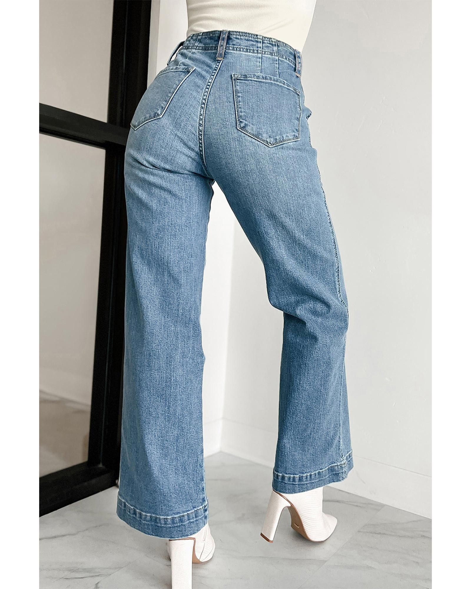 Dusk Blue Multi Buttons Medium Wash Straight Loose Leg Jeans - 10 US 7
