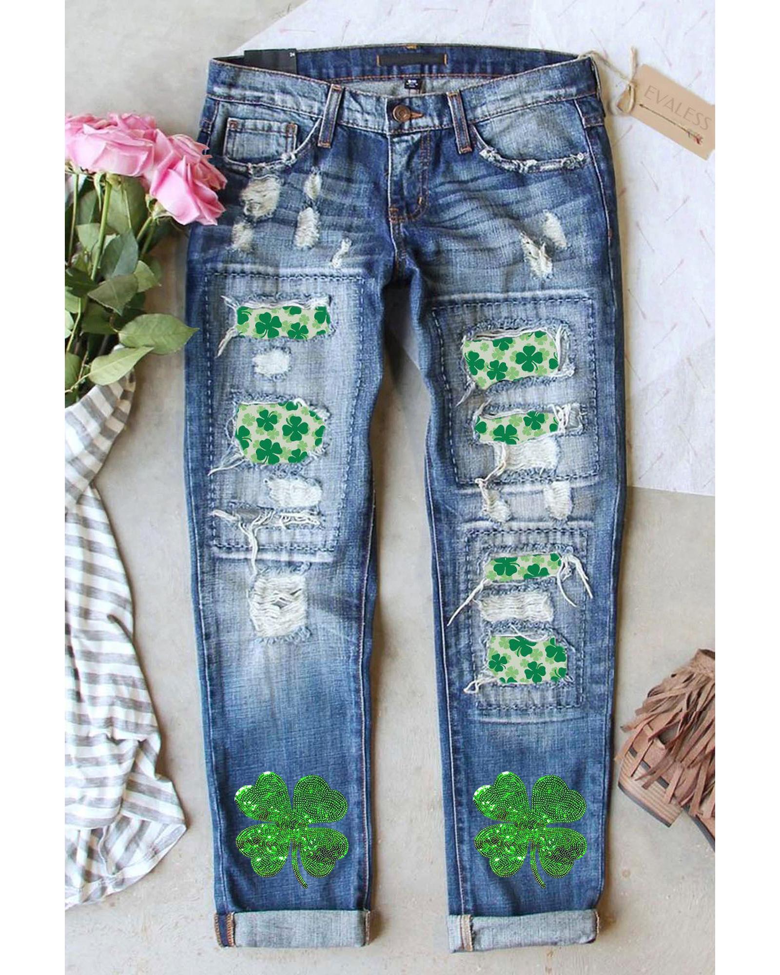 Sky Blue St. Patricks Clover Patchwork Sequin Distressed Jeans - 4 US 3