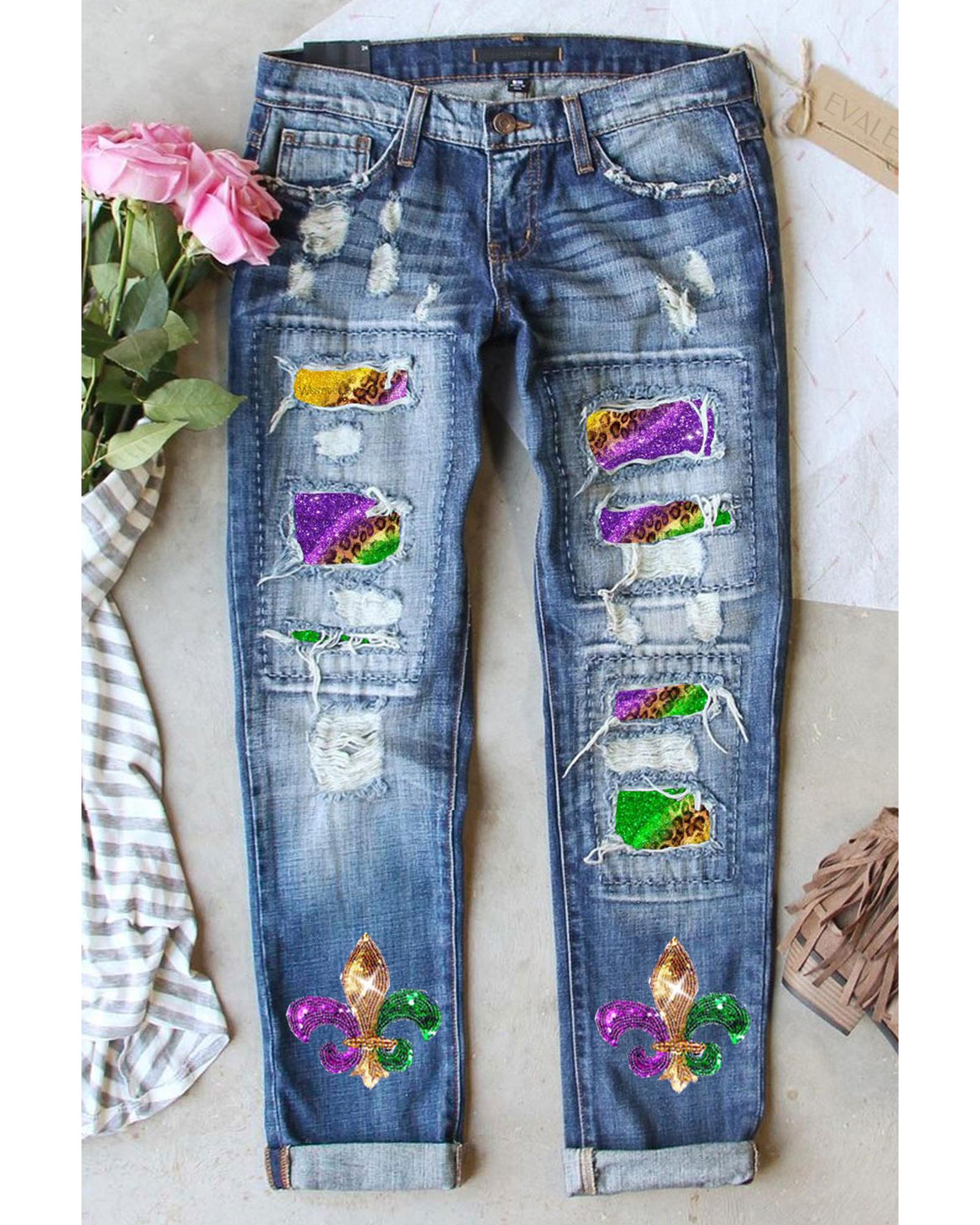 Sky Blue Shiny Mardi Gras Fleur-de-lis Patch Distressed Jeans - 8 US