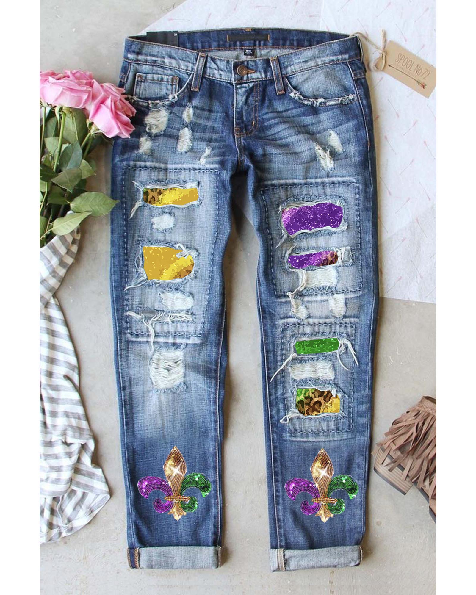 Sky Blue Shiny Mardi Gras Fleur-de-lis Patch Distressed Jeans - 8 US 3