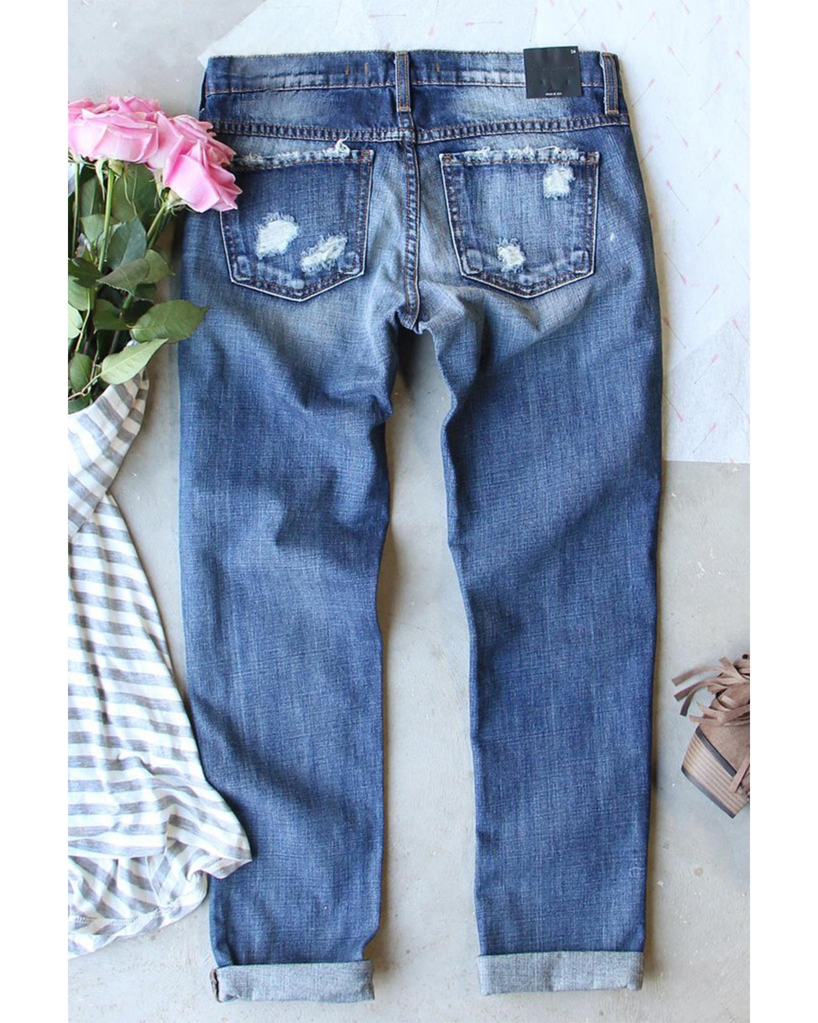 Sky Blue Glitter Clover Patch Plaid Insert Distressed Jeans - 4 US