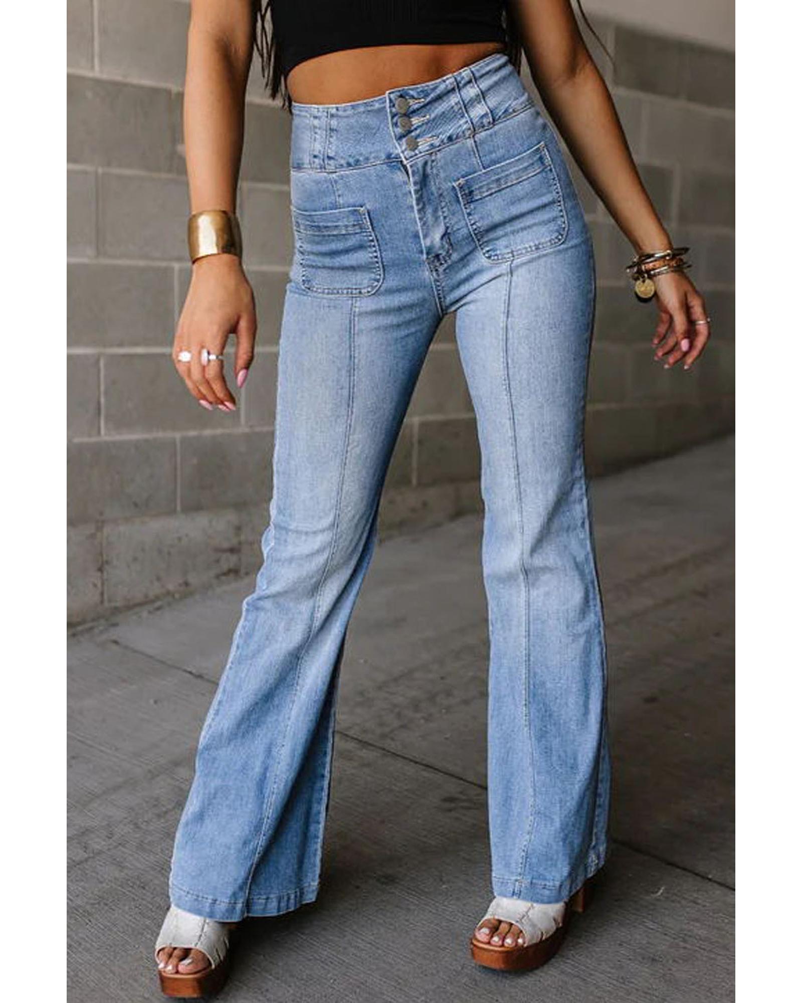 Light Blue Fly Button Exposed Seam Patched Pocket Flare Jeans - 10 US