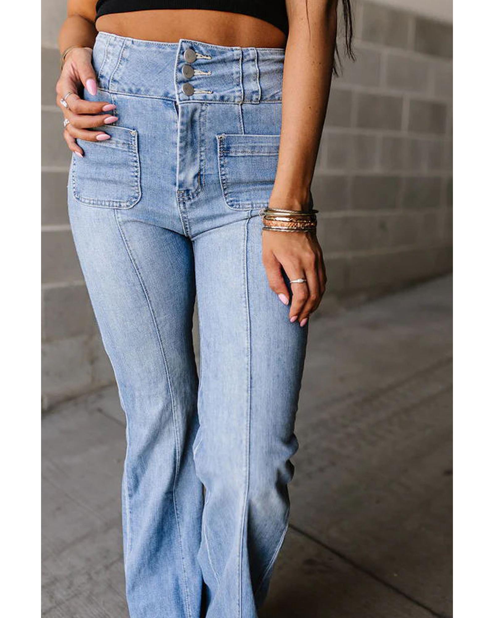 Light Blue Fly Button Exposed Seam Patched Pocket Flare Jeans - 12 US