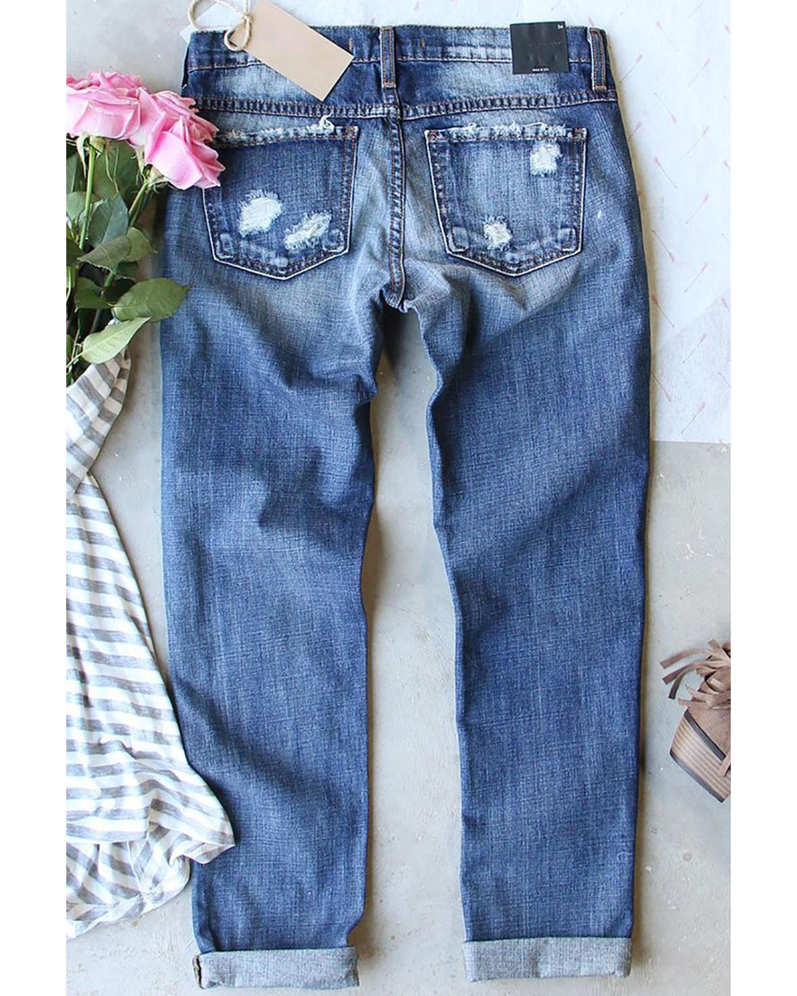 Sky Blue Heart-shape American Flag Patch Frayed Jeans - 8 US 3