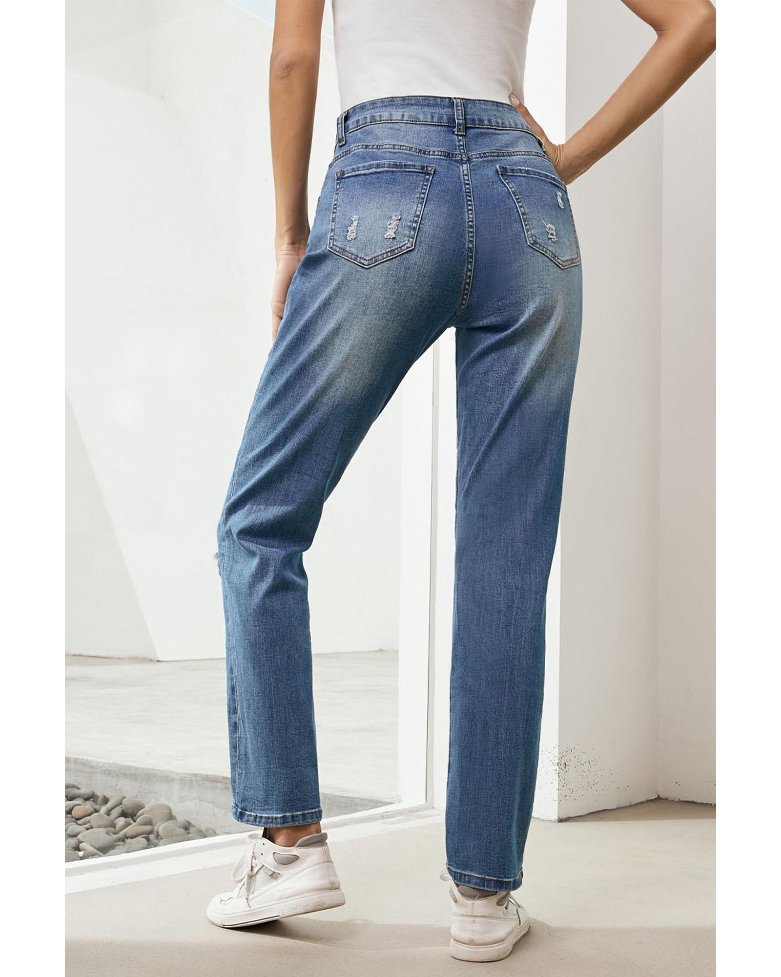Sky Blue Heart-shape American Flag Patch Frayed Jeans - 8 US 4