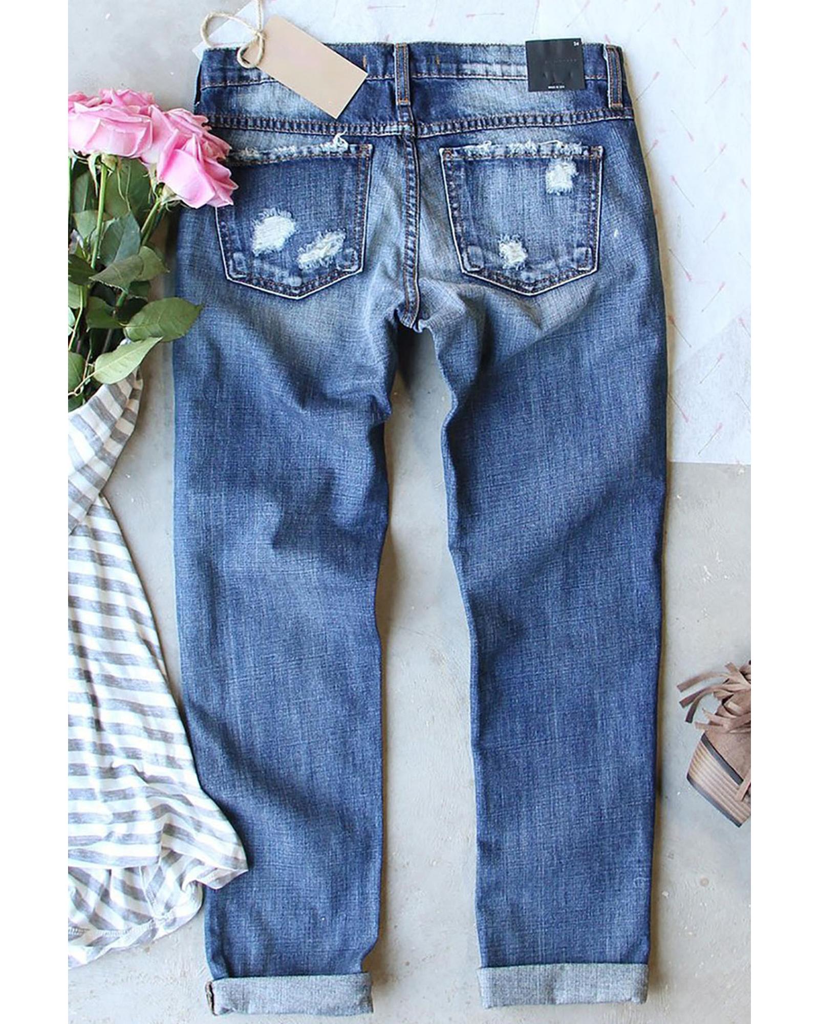 Sky Blue Sequin American Flag Star Graphic Distressed Straight Jeans - 8 US 4