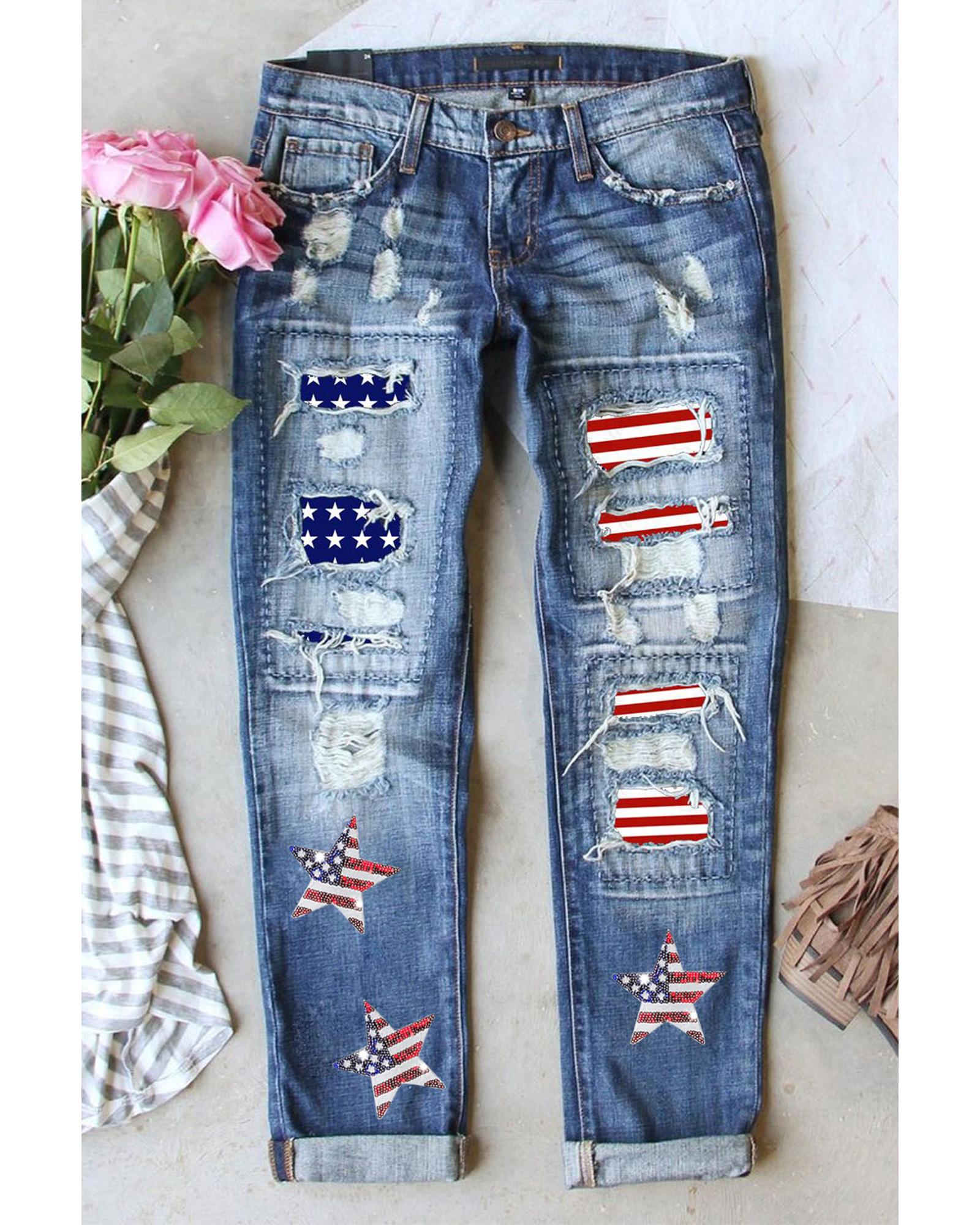 Sky Blue Sequin American Flag Star Graphic Distressed Straight Jeans - 8 US 5
