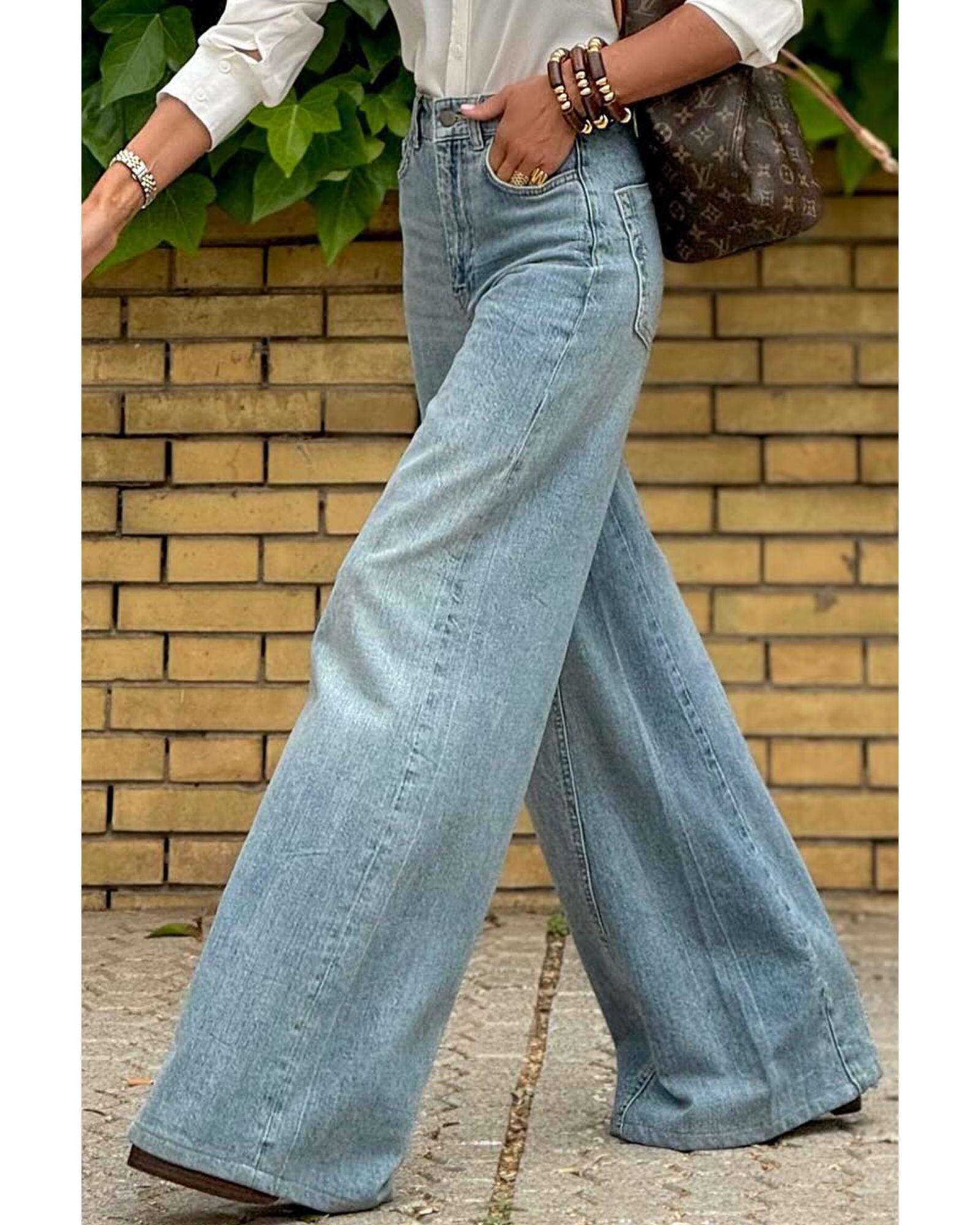 Dusk Blue Acid Wash Extra Wide Leg High Waist Long Jeans - 14 US