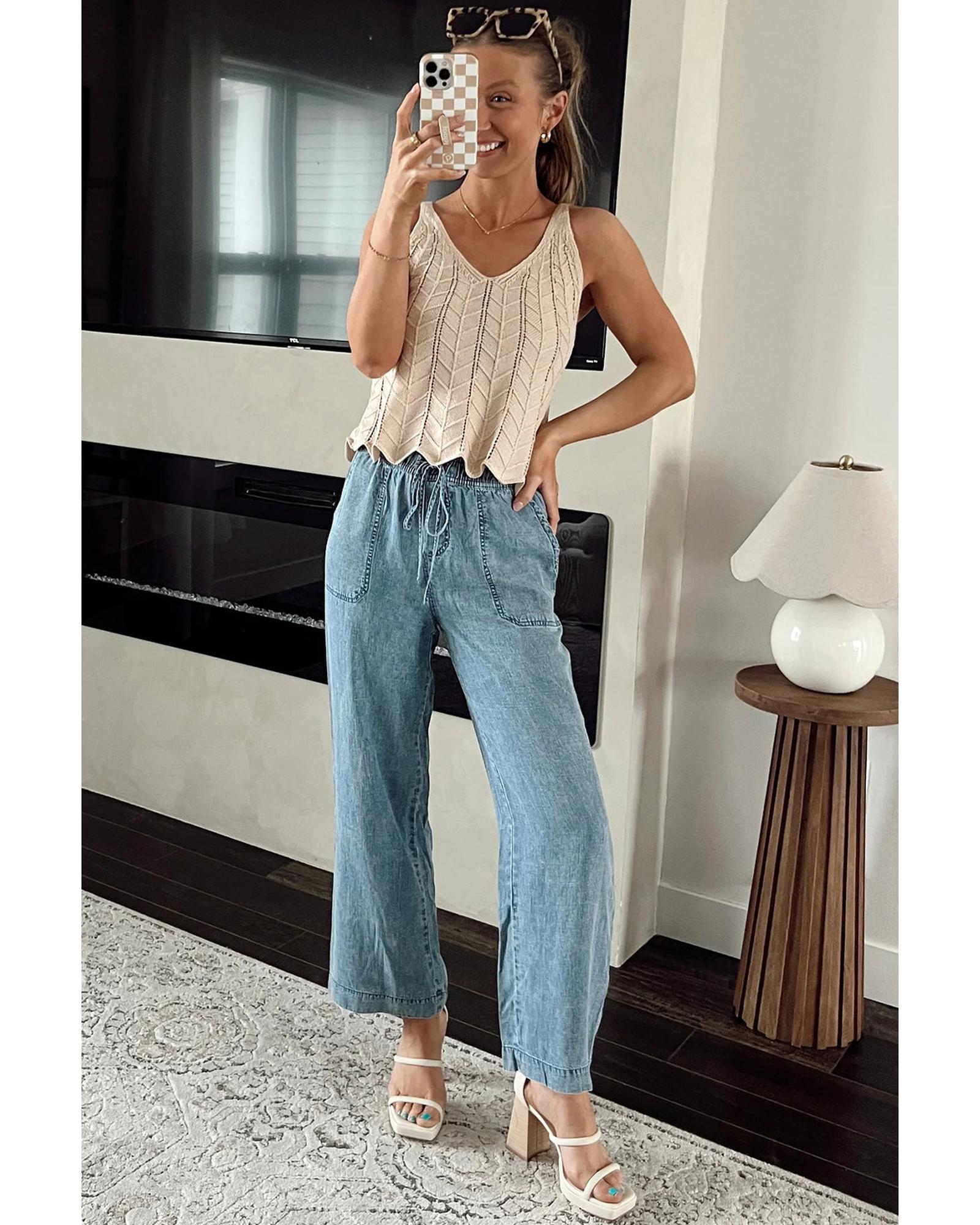 Myosotis Mineral Wash Drawstring Waist Loose Straight Denim Pants - 12 US 6