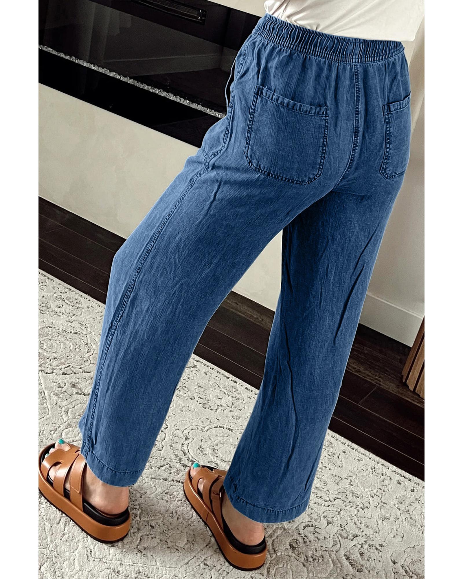 Sail Blue Mineral Wash Drawstring Waist Loose Straight Denim Pants - 14 US