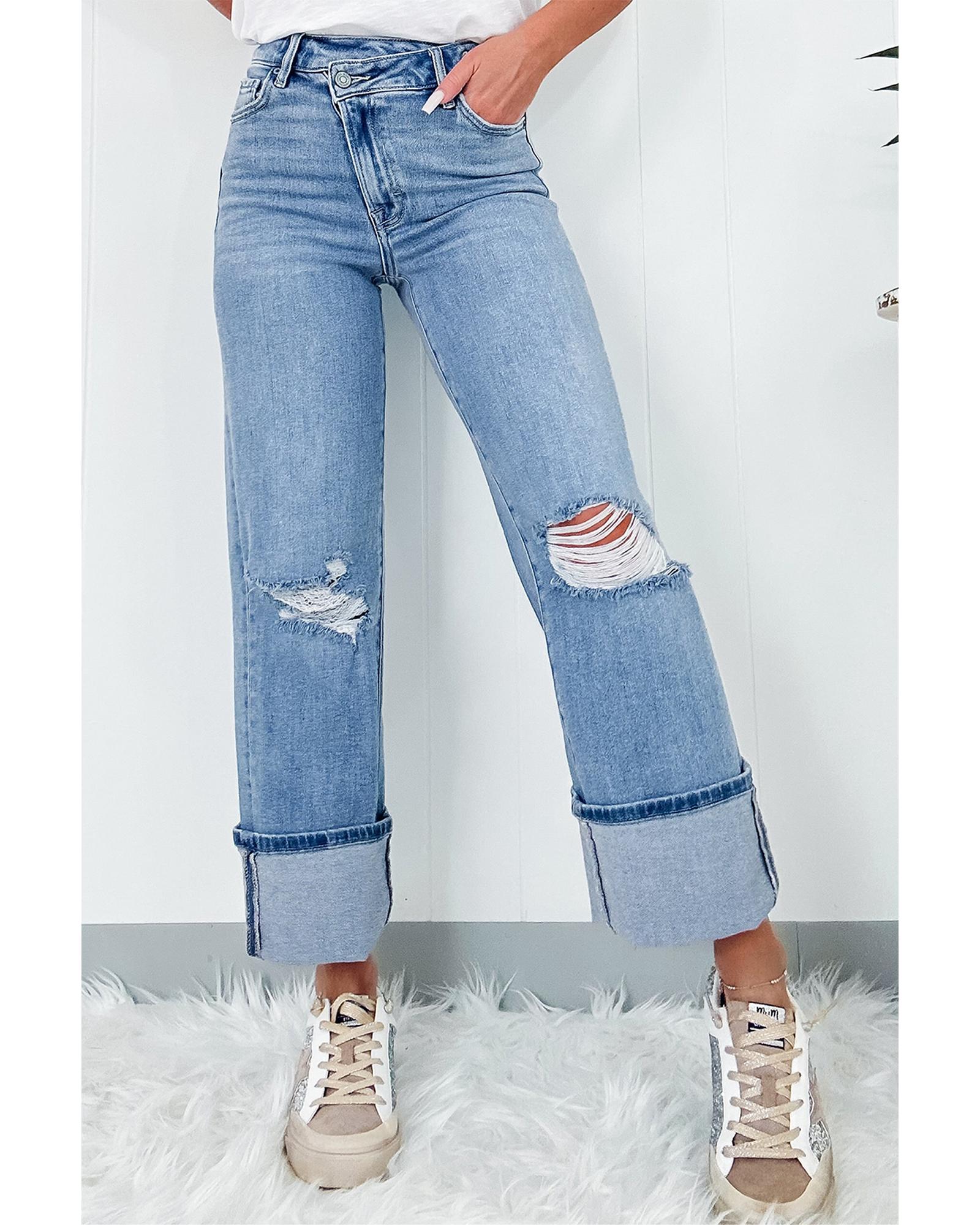 Dusk Blue High Rise Asymmetric Button Zip Fly Ripped Jeans - 12 US 4