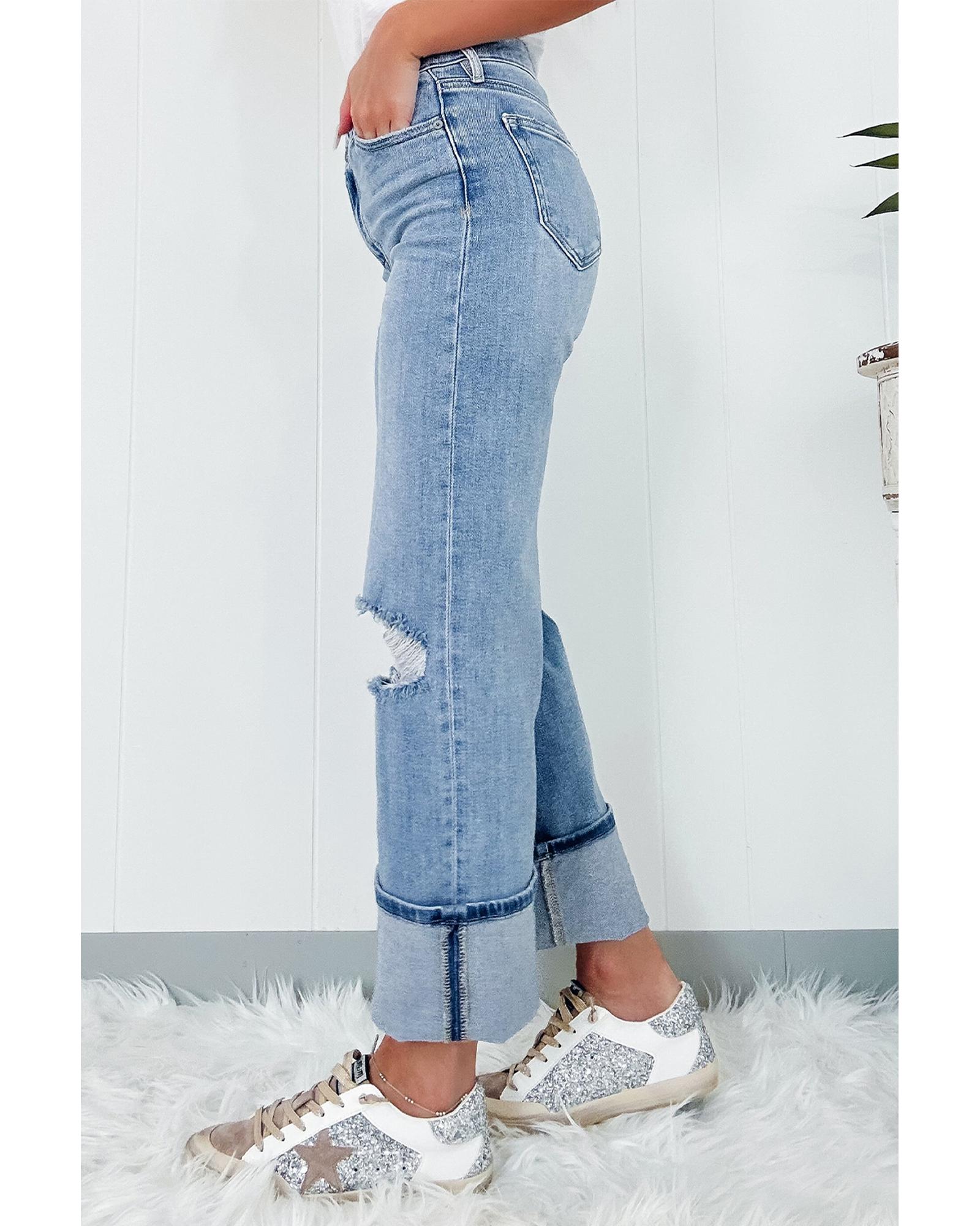 Dusk Blue High Rise Asymmetric Button Zip Fly Ripped Jeans - 12 US 6