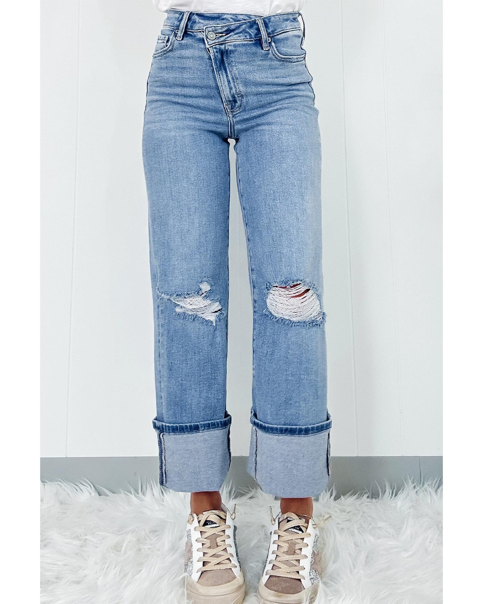 Dusk Blue High Rise Asymmetric Button Zip Fly Ripped Jeans - 12 US 7