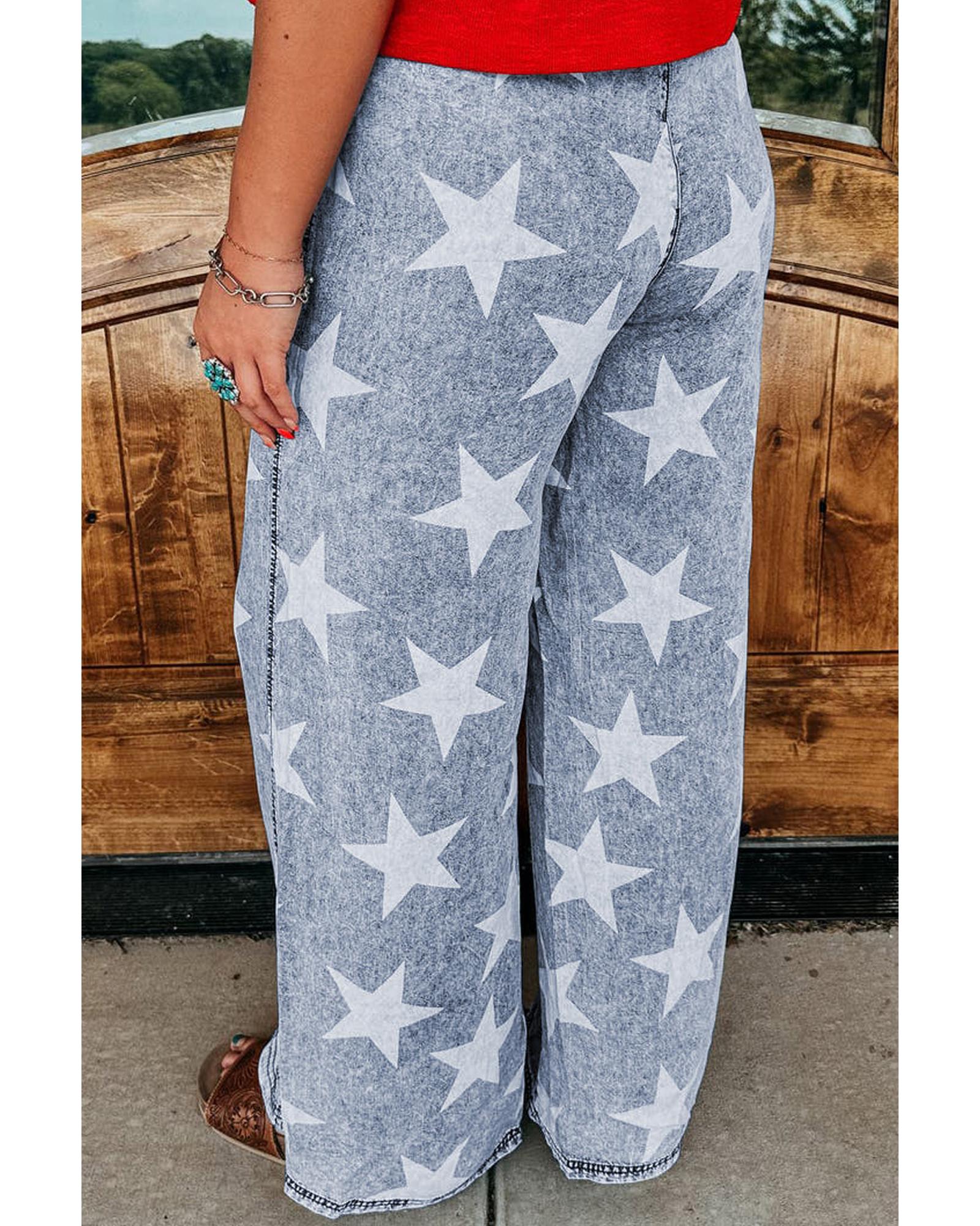 Light Blue Star Print Light Wash Drawstring High Waist Wide Leg Jeans - 6 US