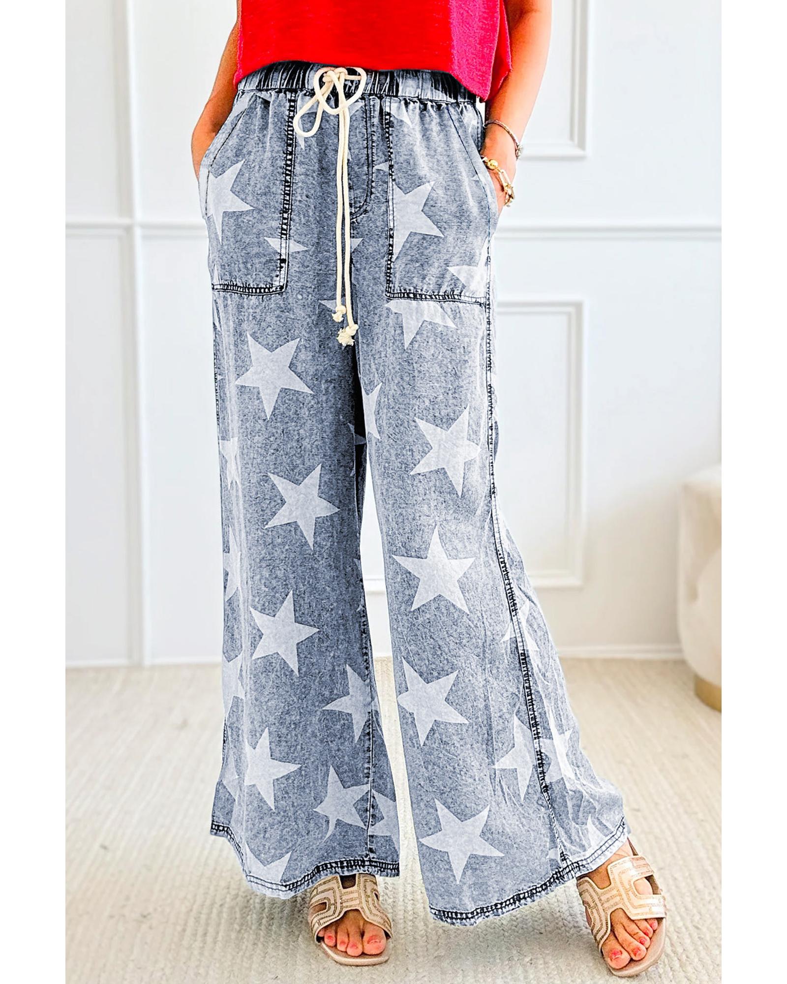 Light Blue Star Print Light Wash Drawstring High Waist Wide Leg Jeans - 6 US