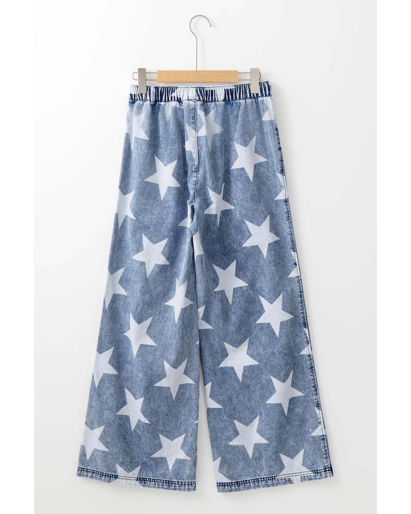 Light Blue Star Print Light Wash Drawstring High Waist Wide Leg Jeans - 6 US 3