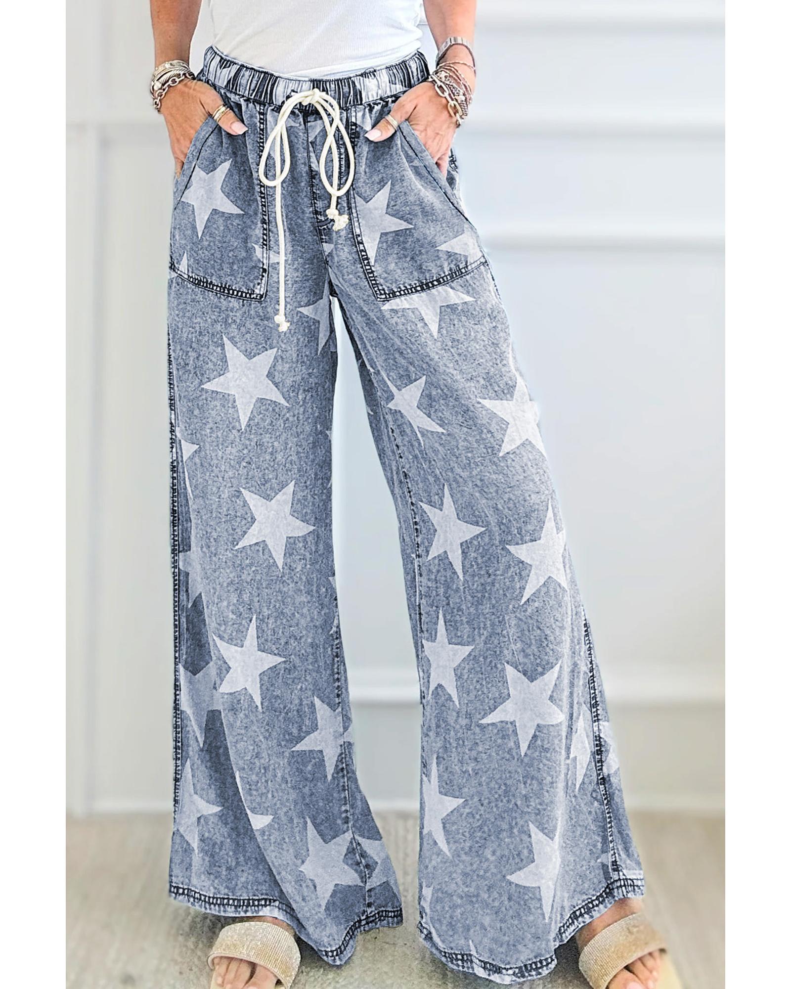Light Blue Star Print Light Wash Drawstring High Waist Wide Leg Jeans - 6 US 6
