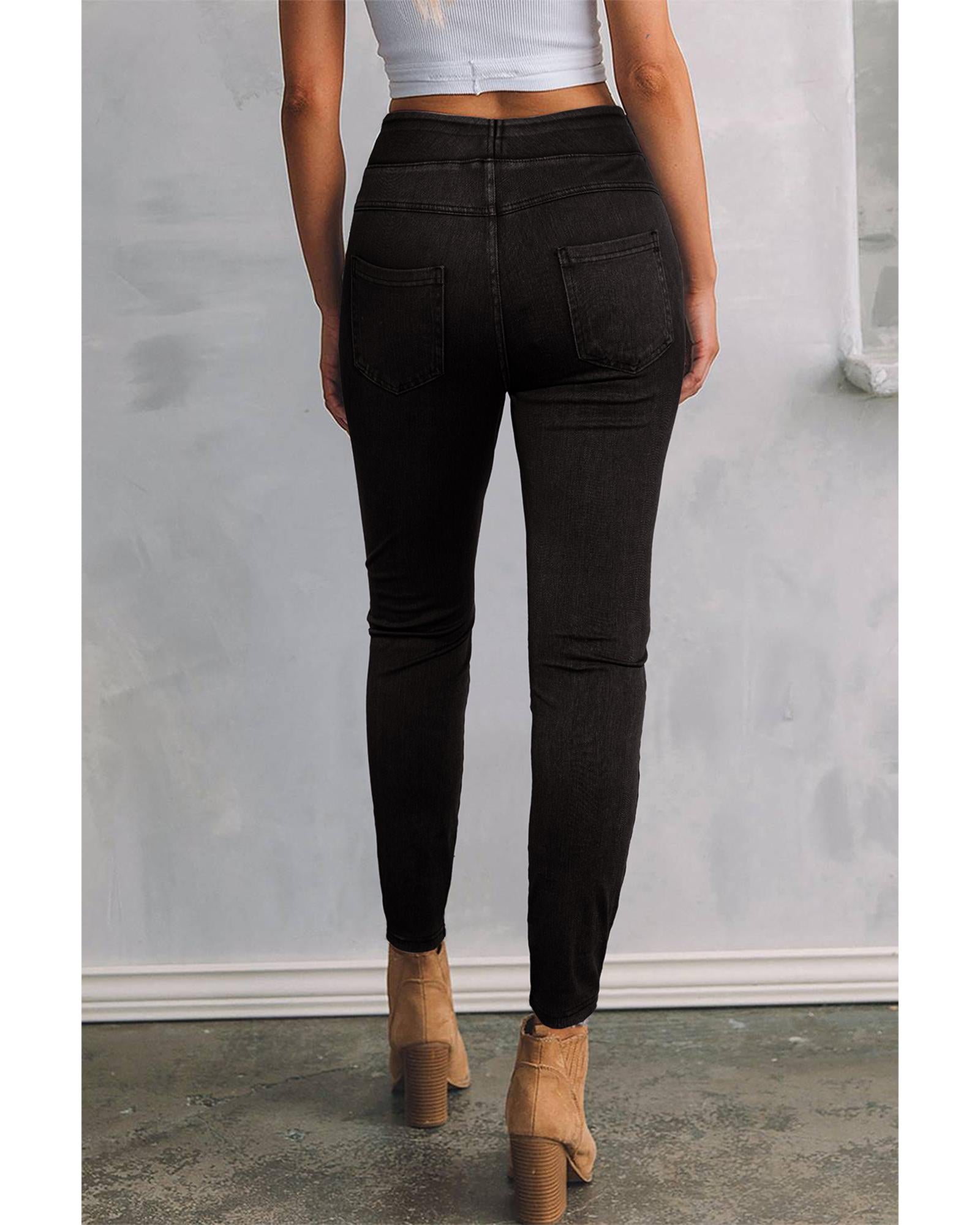 Black Solid Color High Waist Stretchy Slim Fit Jeggings - L 5