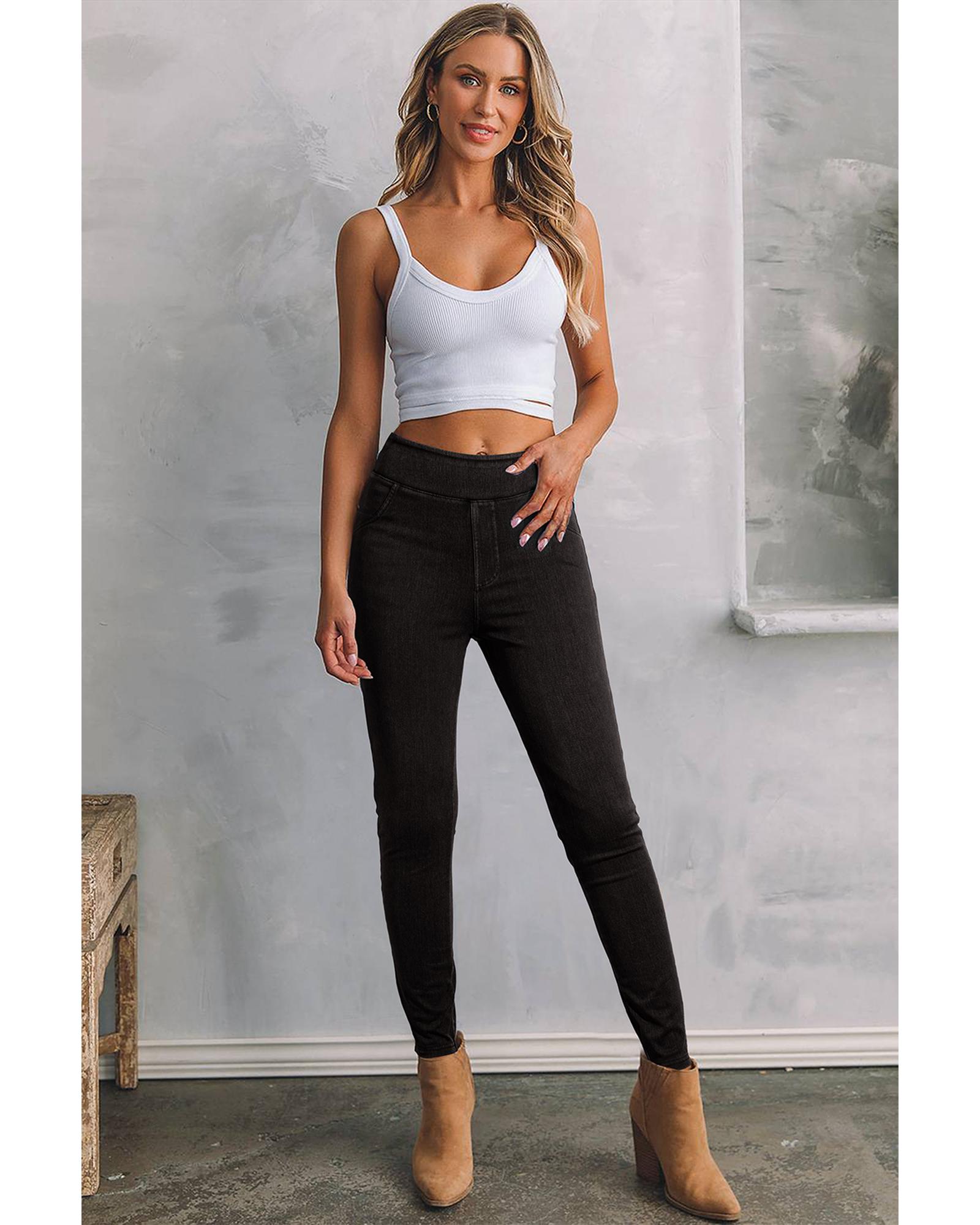 Black Solid Color High Waist Stretchy Slim Fit Jeggings - XL
