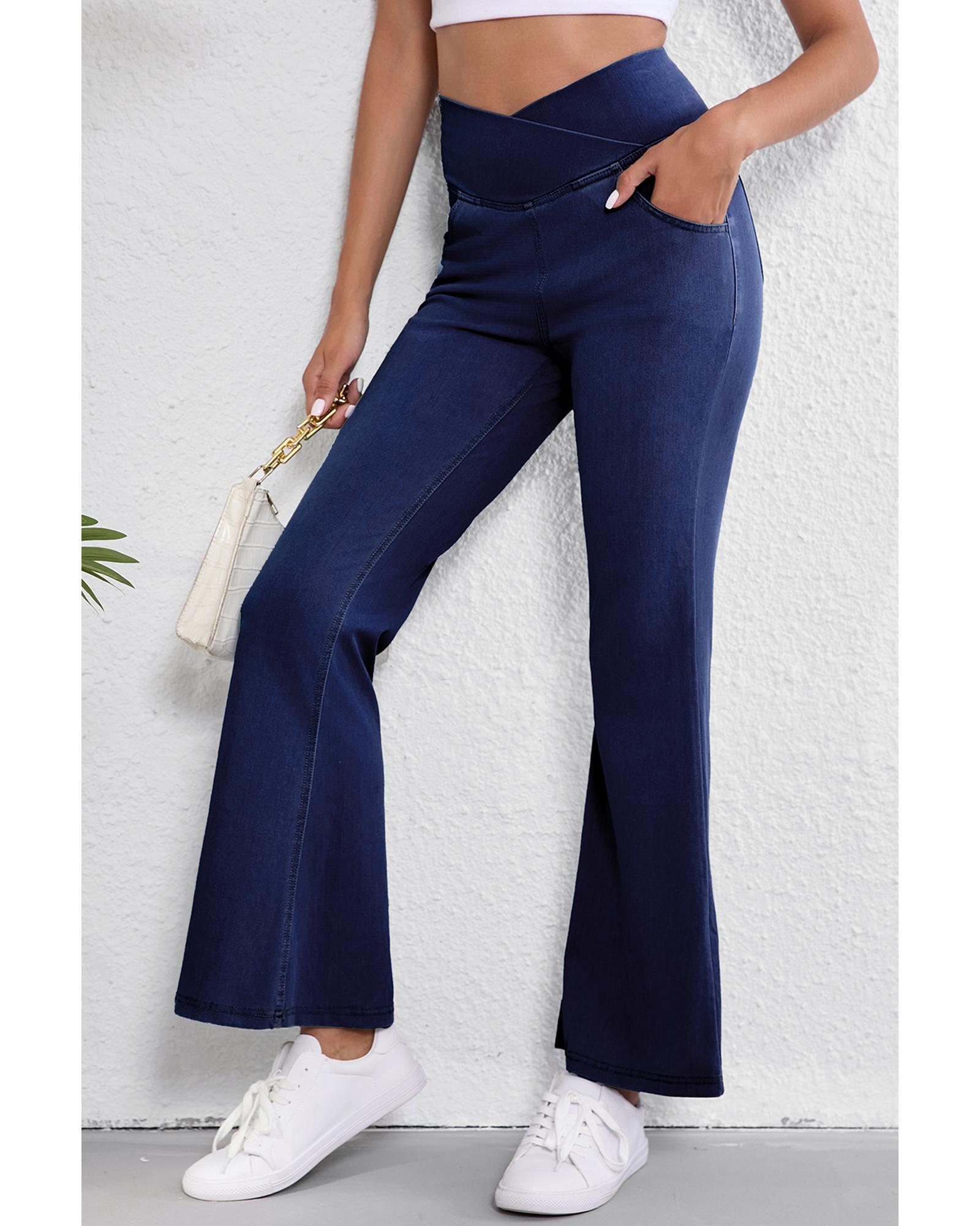 Dusk Blue Solid Crossed Waist High Elastic Fit Flare Knit Jeans - 2XL